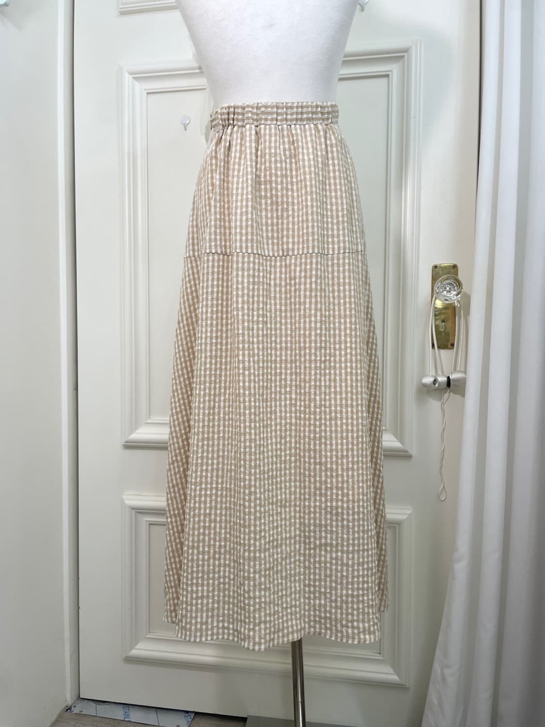 beige gingham check banding long skirt 상품이미지4