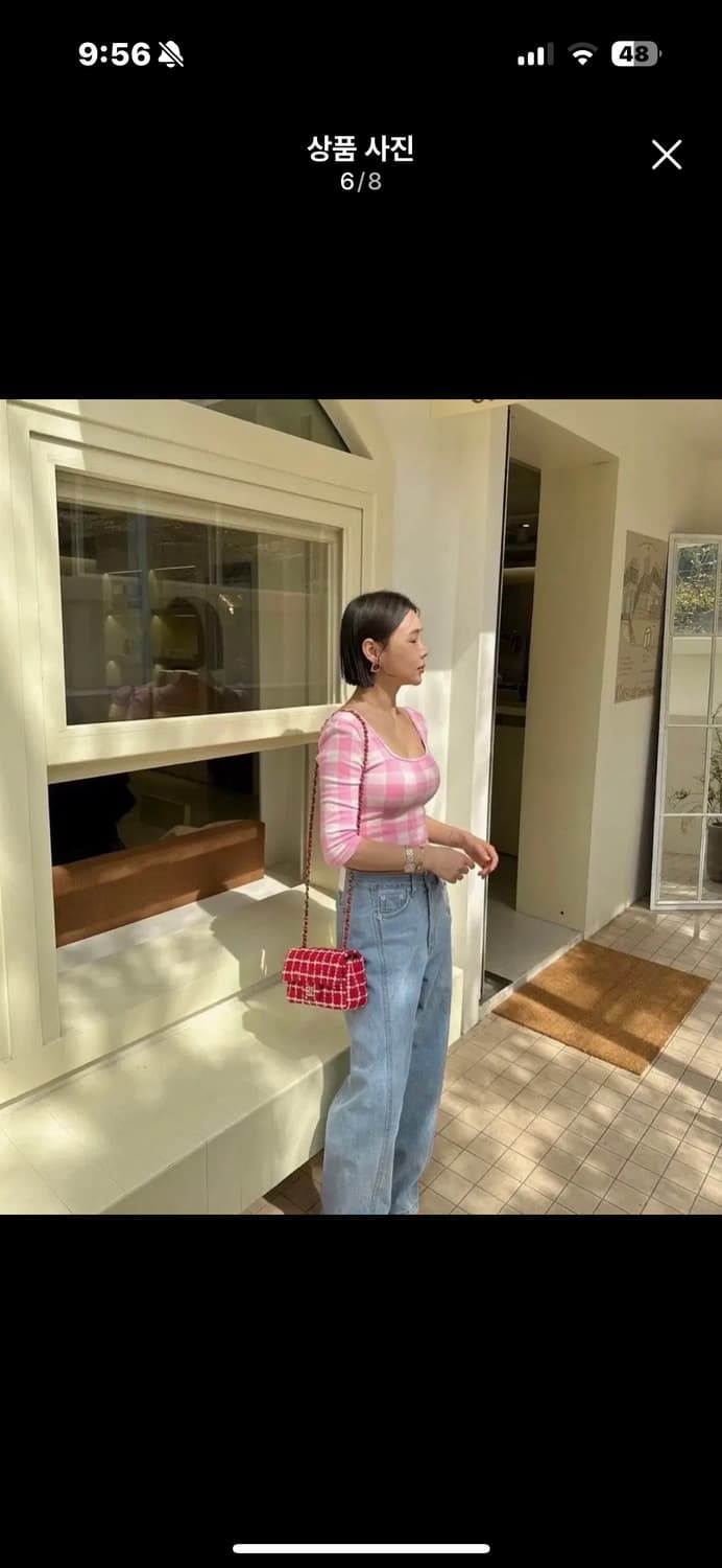 살롱드매그 체크 스퀘어 니트 티 노랑, 분홍 상품이미지2