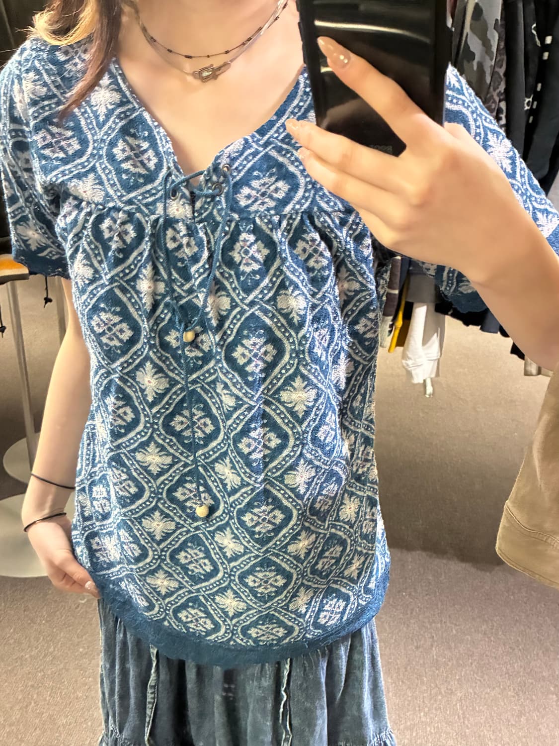 M)Japanese vintage 여성 에스닉 패턴 반팔 티셔츠 상품이미지2