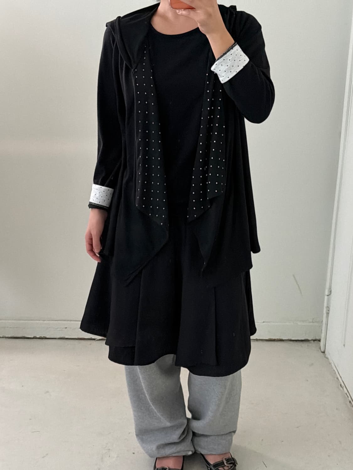 일본빈티지 도트 후드 베스트 상품이미지1