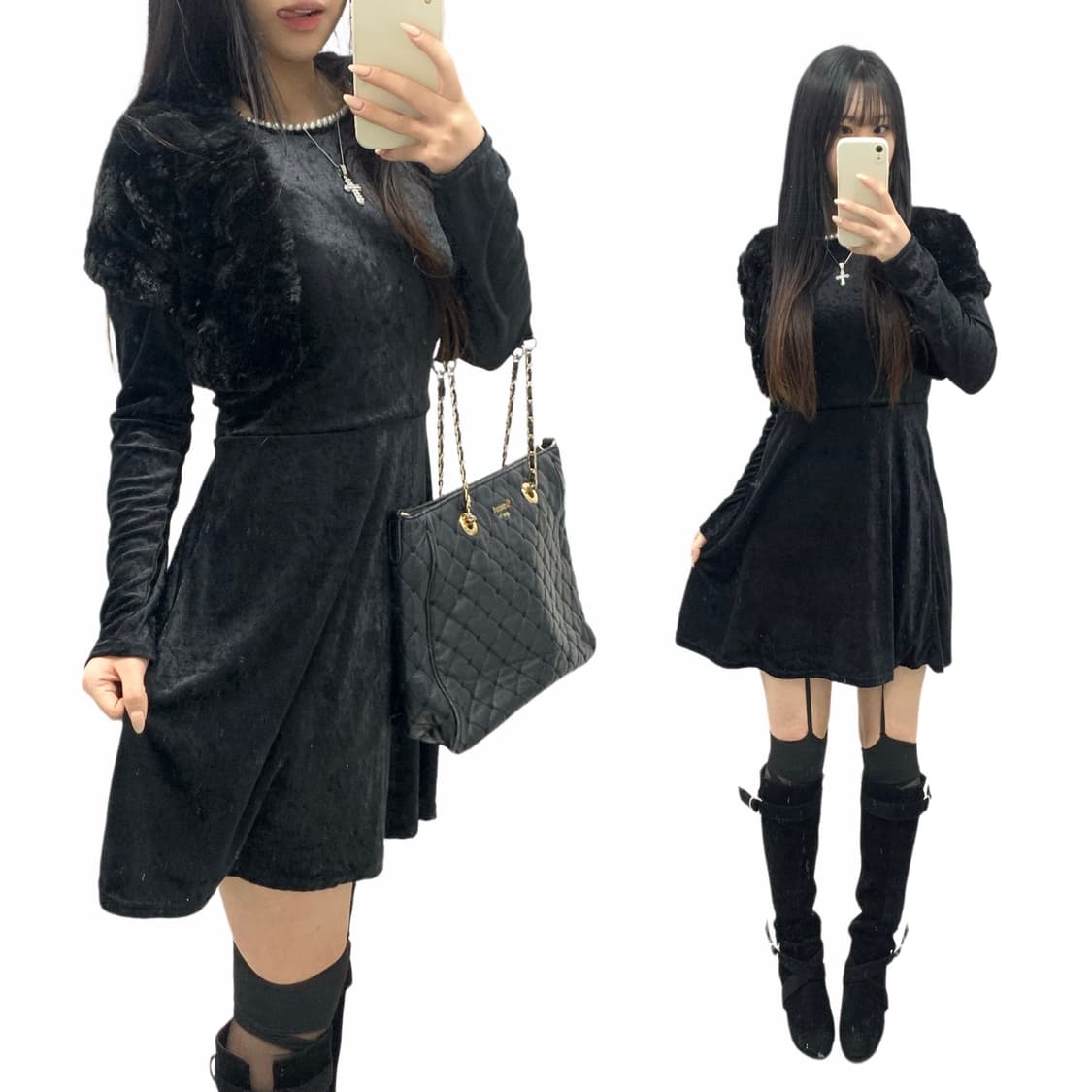 [LEGGY PRESS] 택 O 오네갸루 벨벳 진주 원피스 상품이미지1