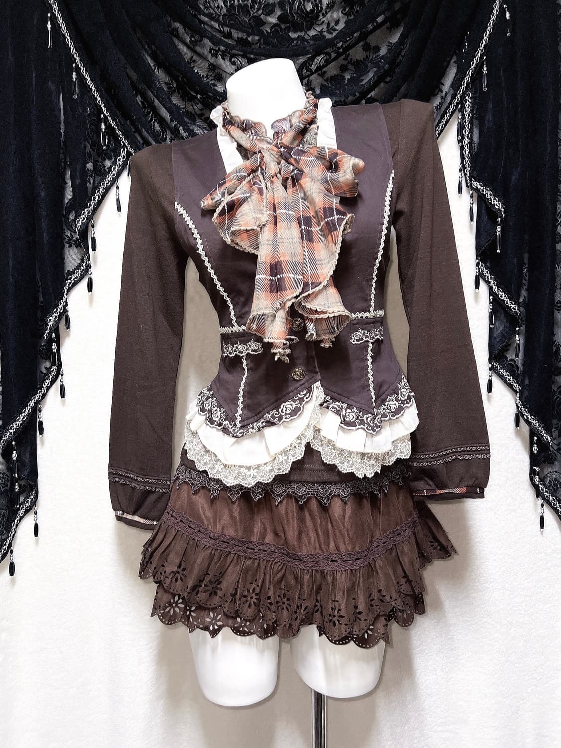 엑시즈팜 라떼갸루 로맨틱 체크 왕리본 레이스 로걀탑 핀터 공겜 너드 상품이미지1