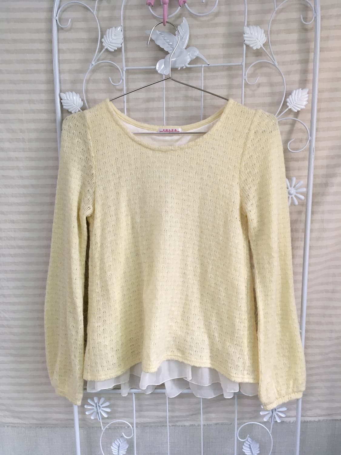 jpn vintage 로걀 페일 옐로우 프릴 레이스 바선생 리본 니트 상품이미지2