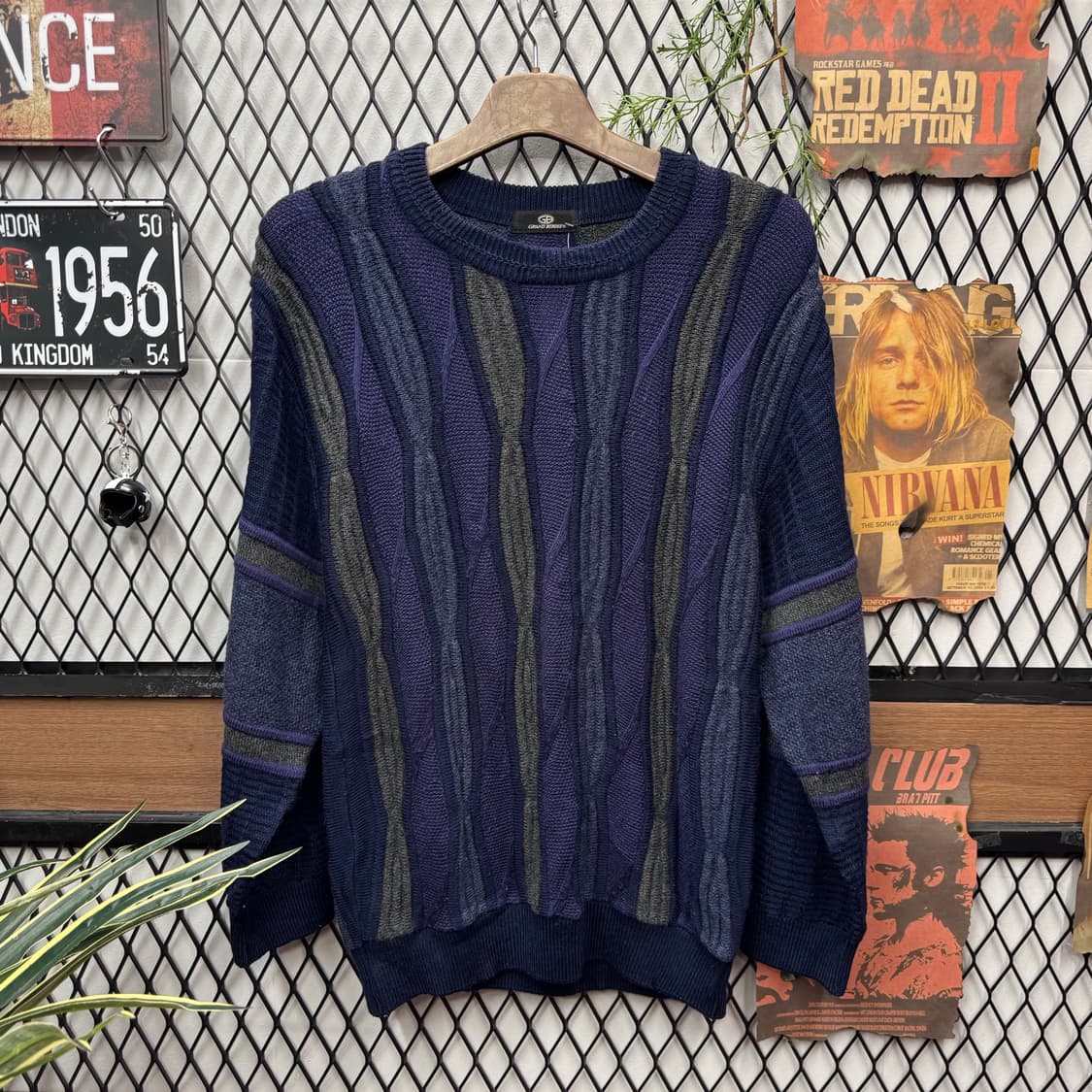 00s JPN VINTAGE 케이블 니트 멀티컬러 네이비 그레이 상품이미지1