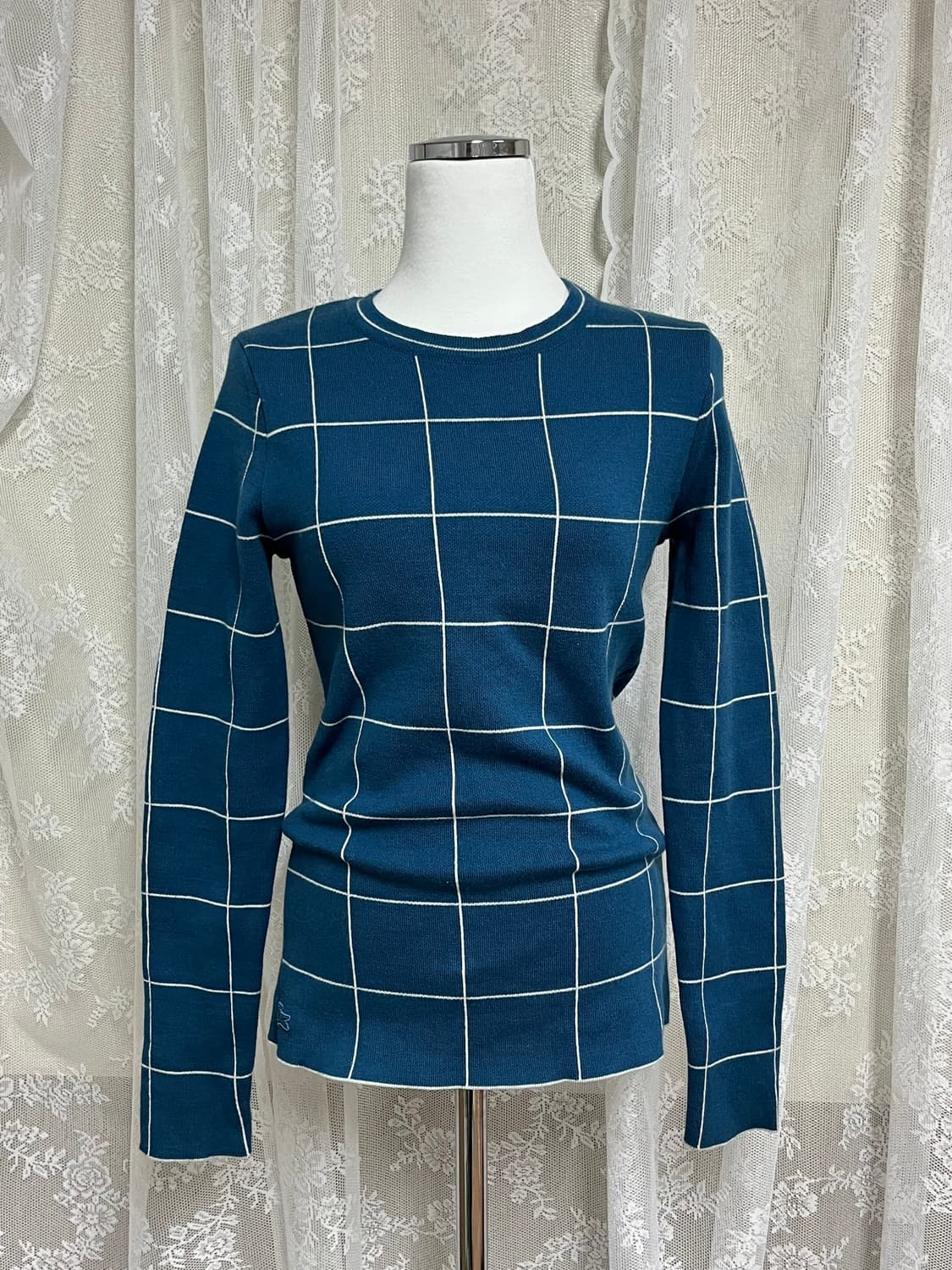 38) 라코스테 여성 그리드 체크 풀오버 니트 블루 상품이미지1