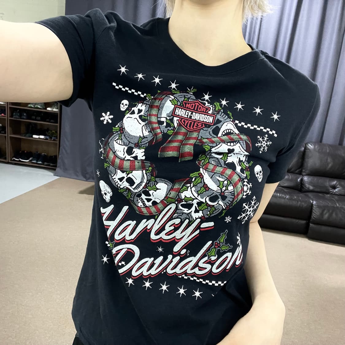 할리데이비슨 크리스마스 에디션 스컬 해골 프린팅 반팔 슬림핏 티셔츠 S 상품이미지3