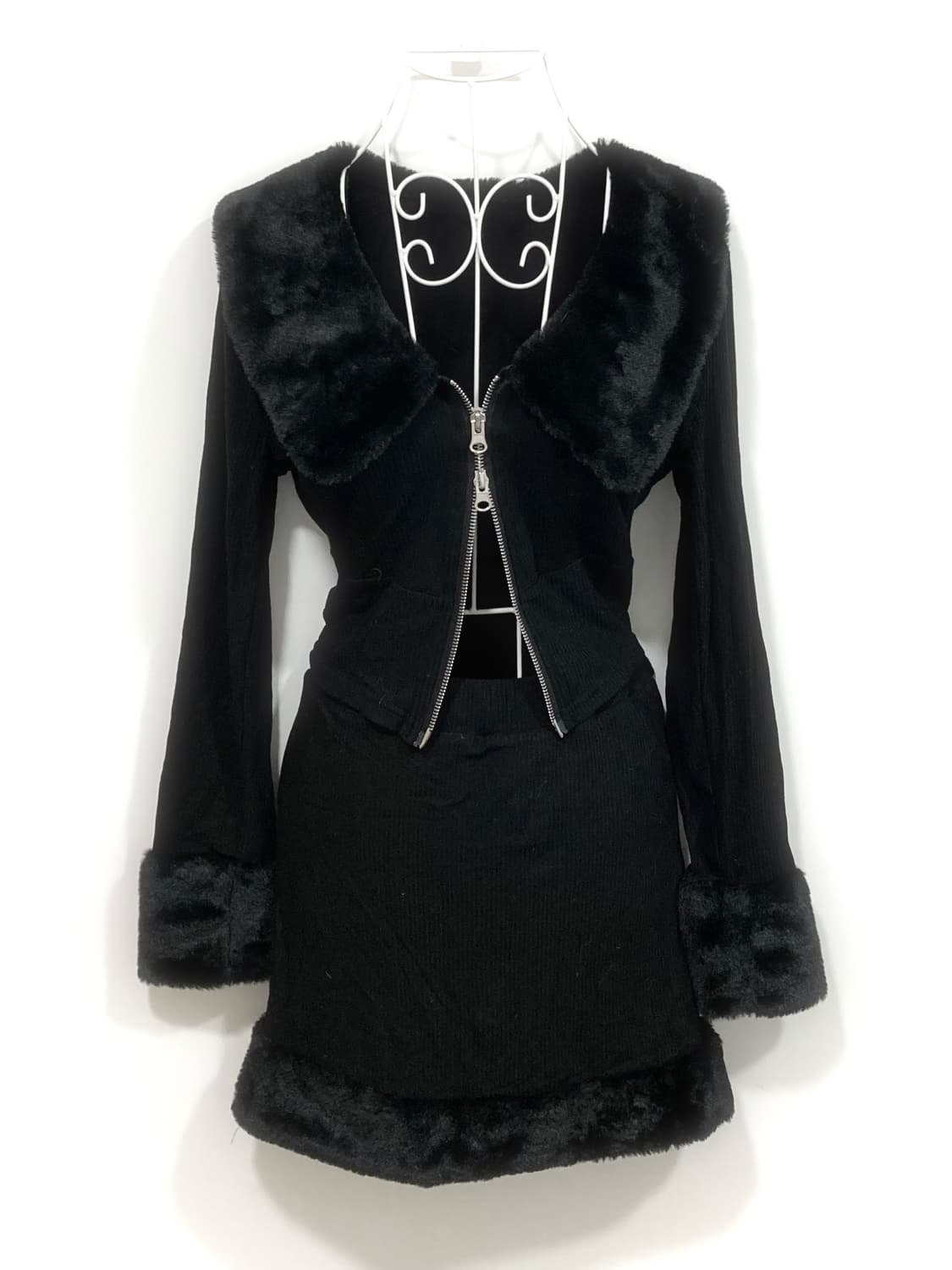 Black fur trimming rib knit setup 상품이미지1