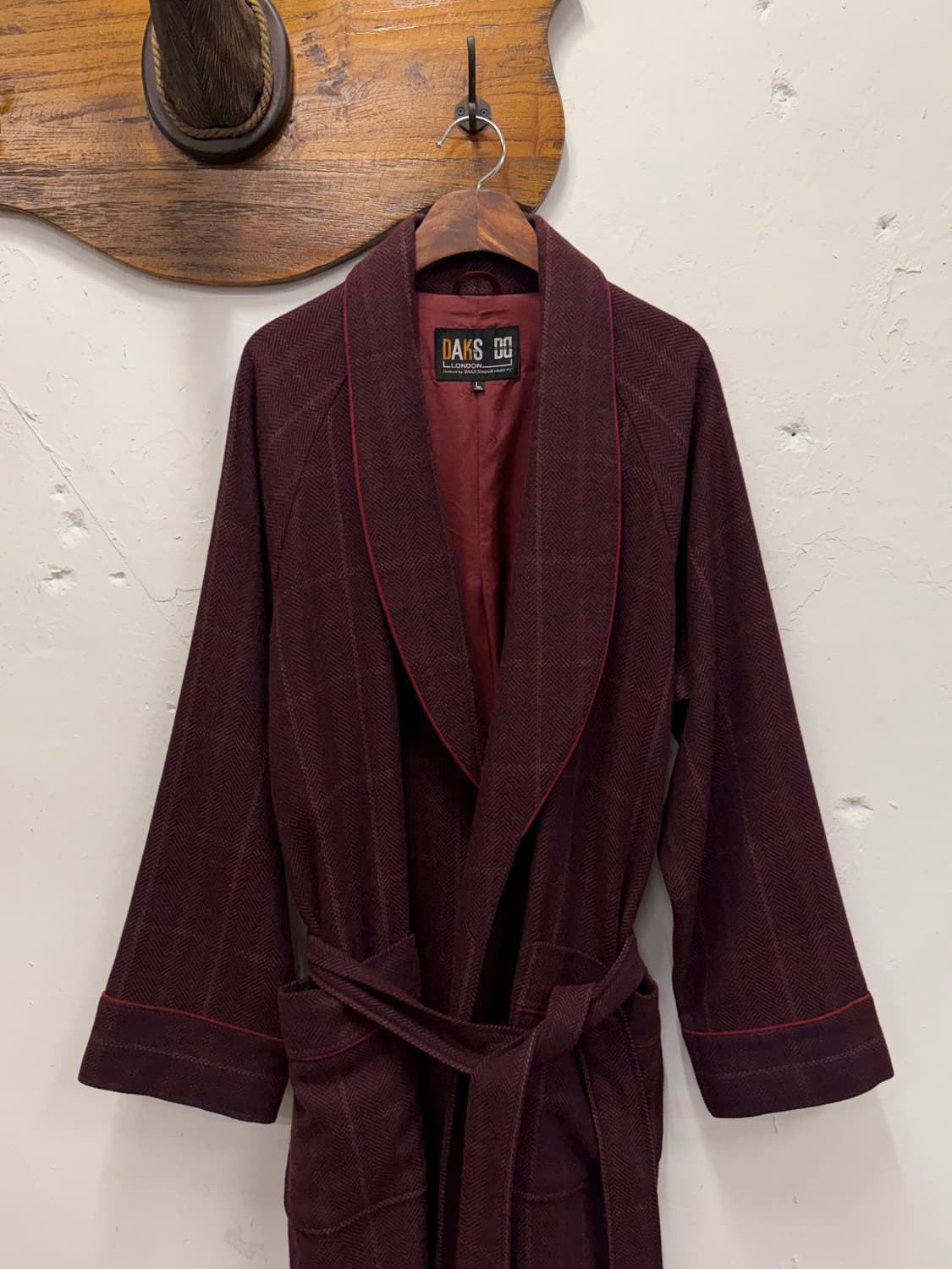 L) DAKS Burgundy Check Cashmere Robe Coa 상품이미지1