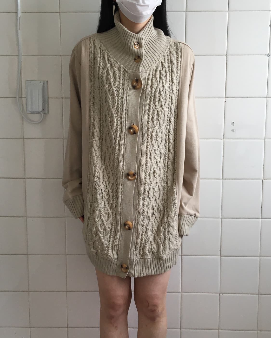 Cable pattern high neck knit cardigan 상품이미지6