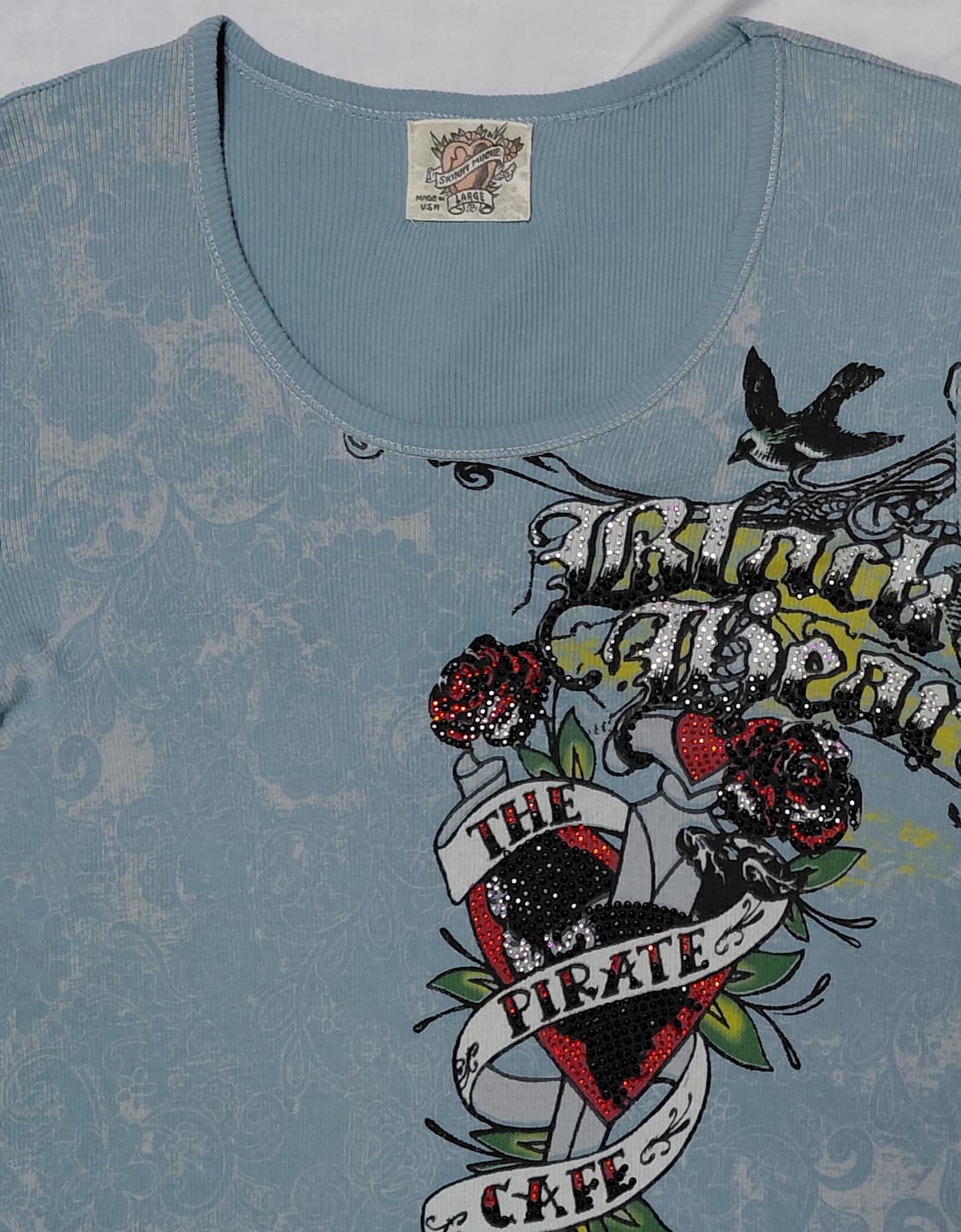 [L] 빈티지 Skinny Minnie 타투 아트 라인스톤 티셔츠 상품이미지5