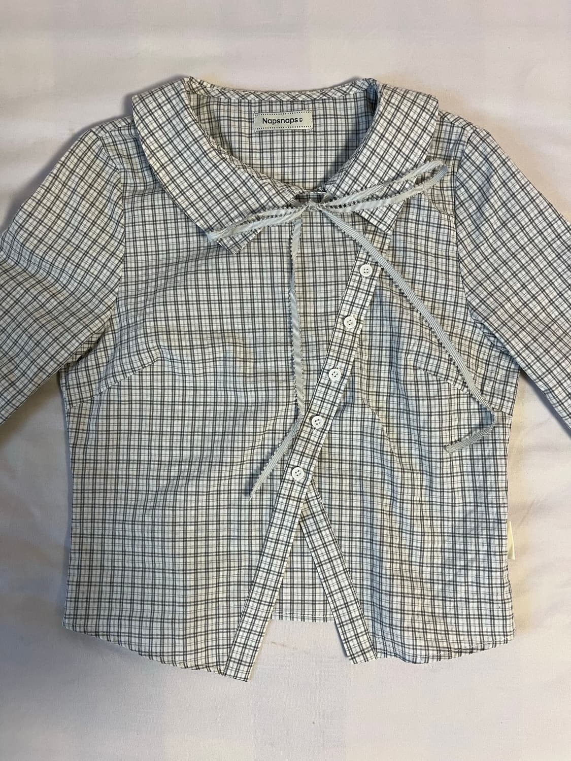 TAKEANAP napsanaps 체크 셔츠 크롭 리본 그레이 언발 상품이미지1