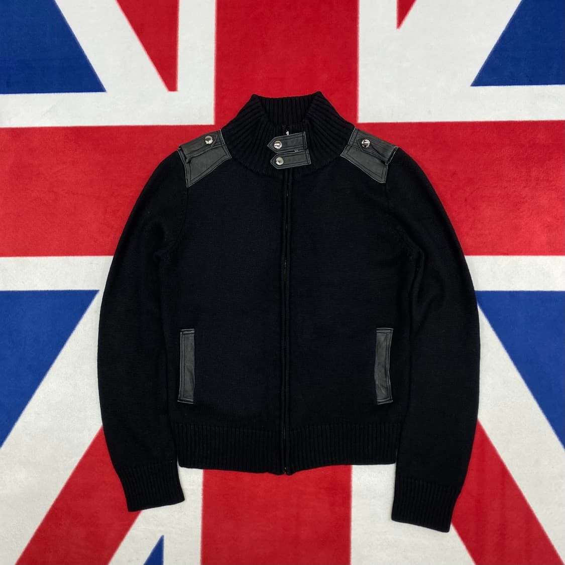 빈티지 레더패치 니트집업 여성 90 실측 44-55 상품이미지1