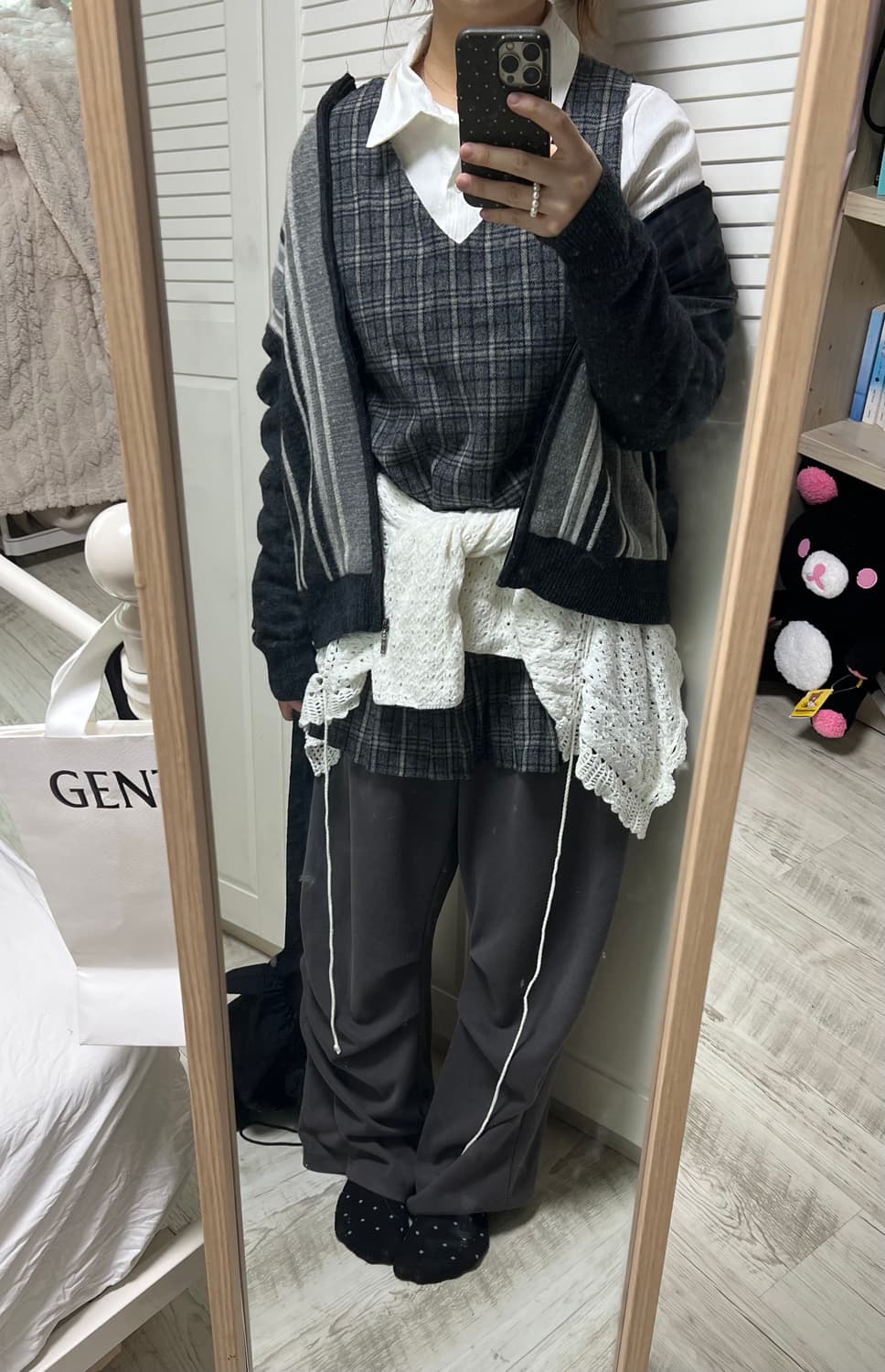 빈티지 코디셋 세로 스트라이프 니트 집업 가디건 트위드체크 원피스 상품이미지3