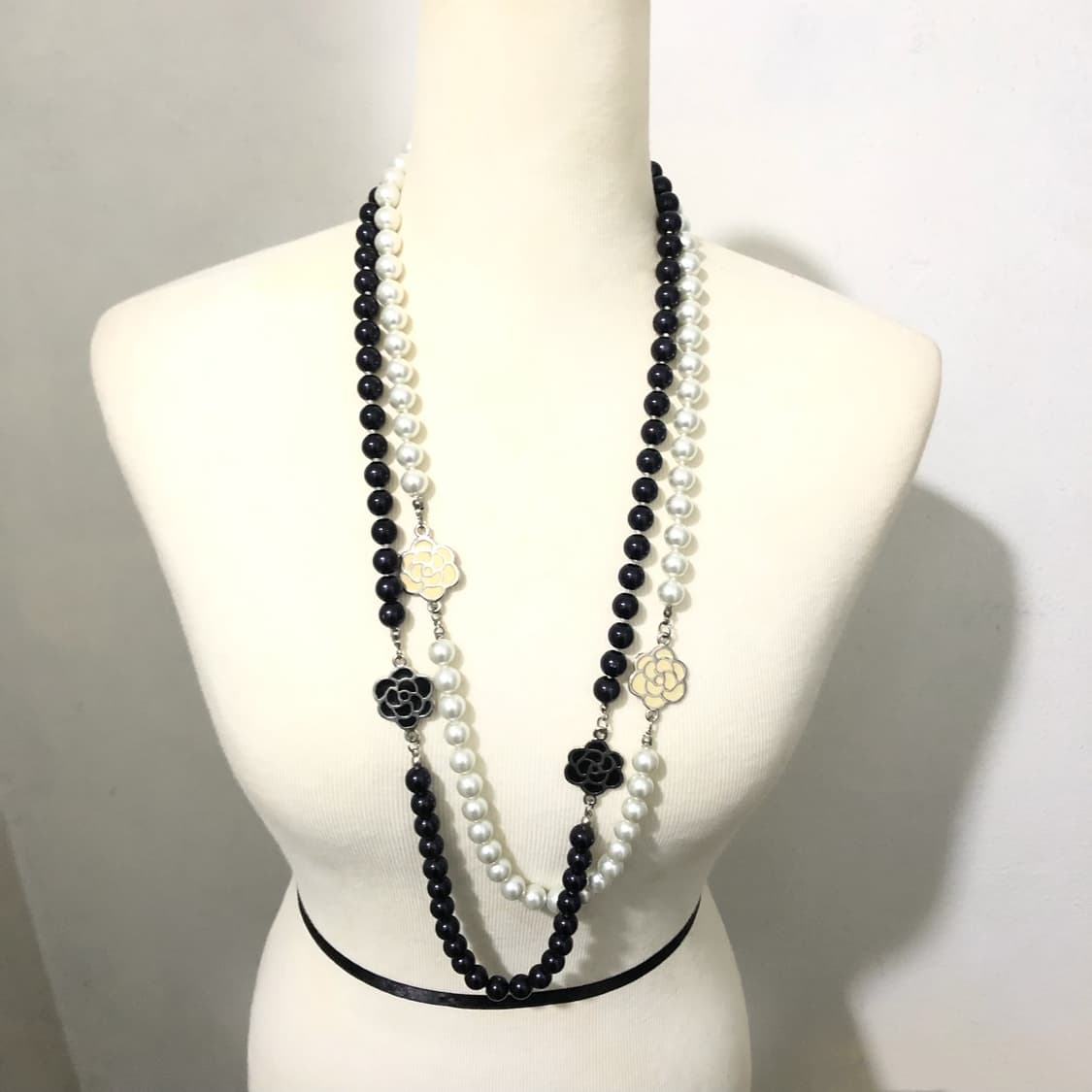 빈티지 화이트 블랙 로즈 진주 롱목걸이 페어리 오리엔탈 갸루 펑크 상품이미지2