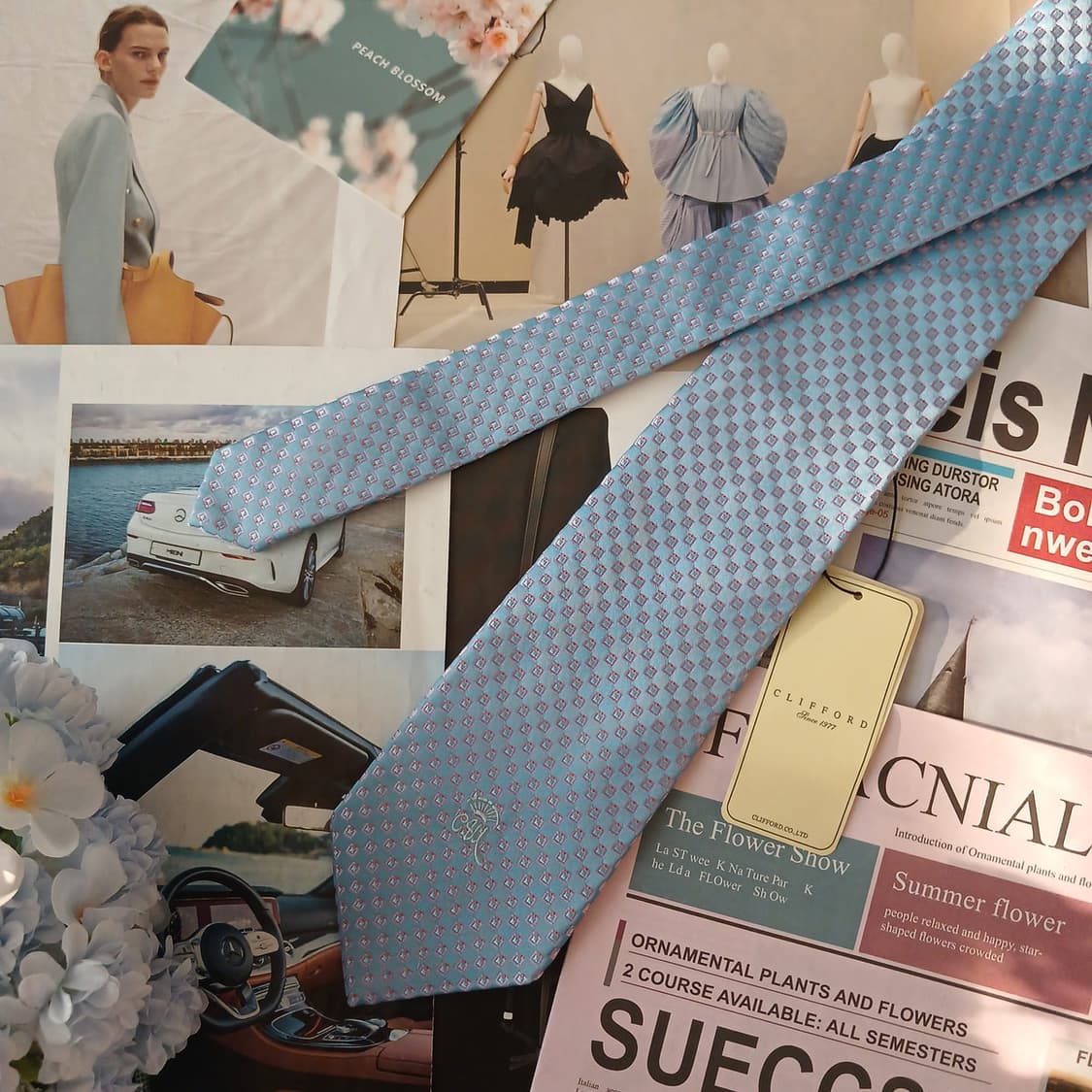 카운테스 마라 실크 스카이블루 패턴 넥타이 8.7cm 새제품 A19118 상품이미지3