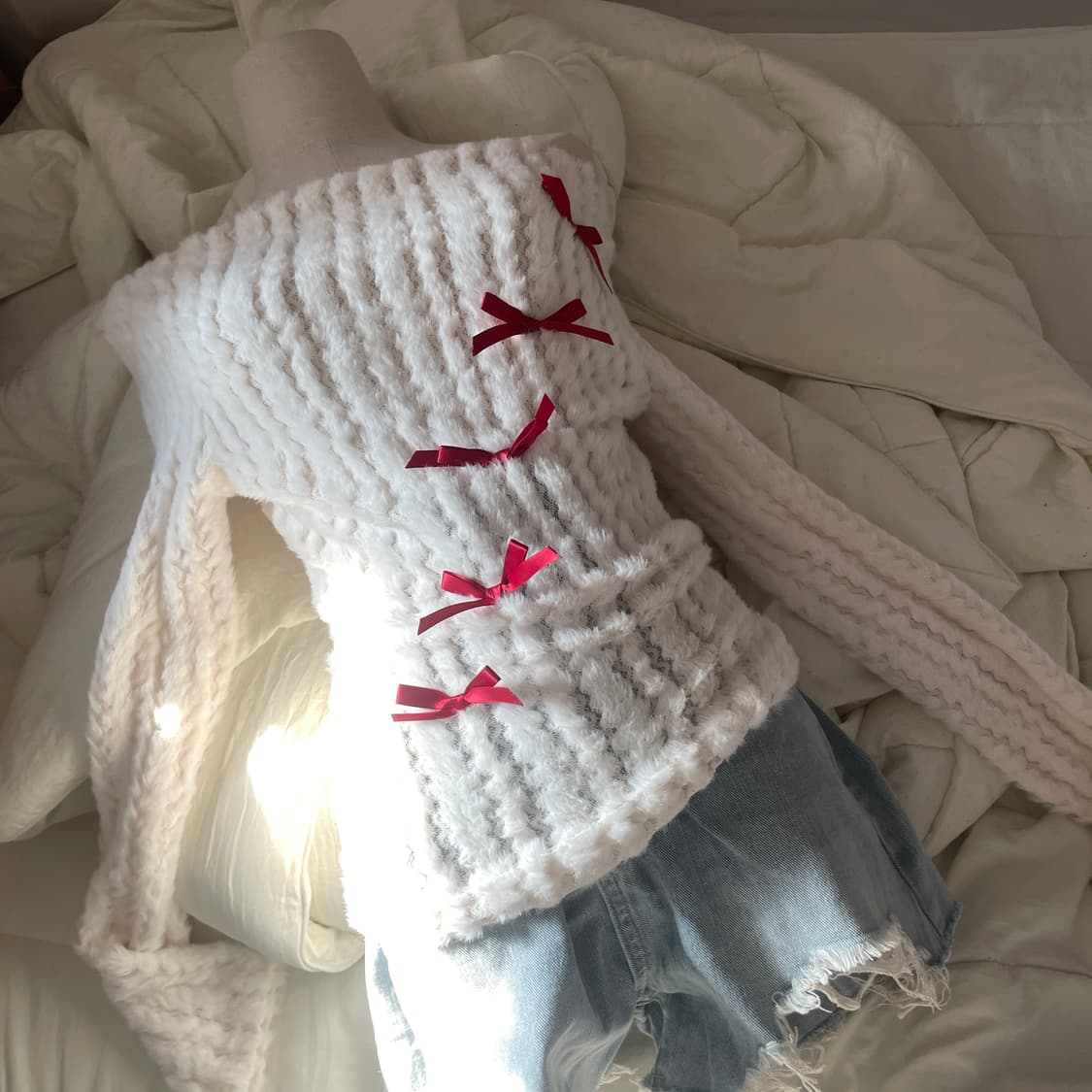 빈티지 니트 화이트 니트 리본 니트 사와코 하구미 모리 니트 히피그런지 상품이미지2