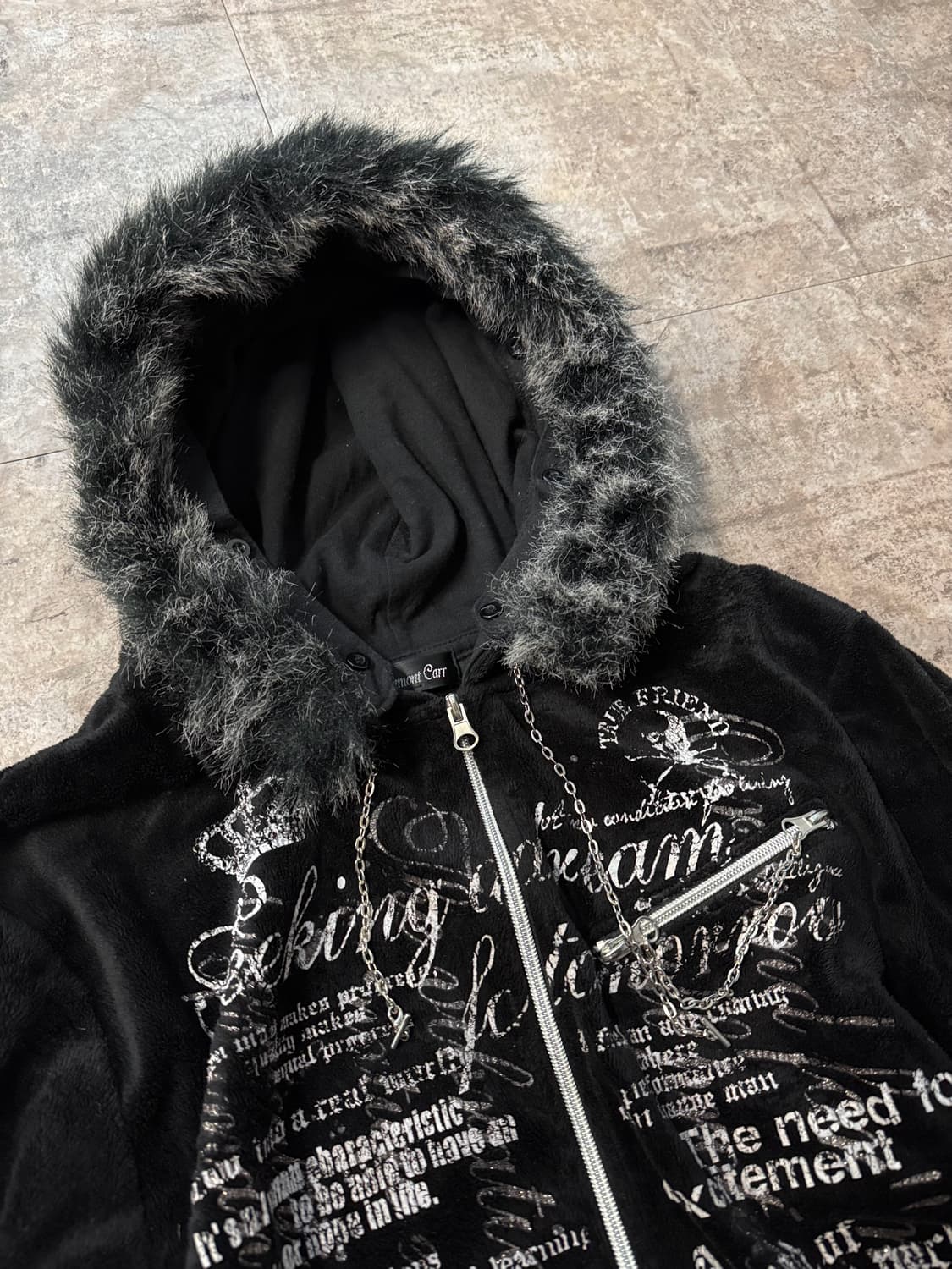 펑크 디테일 퍼 탈착 벨루어 후디드 집업 상품이미지7