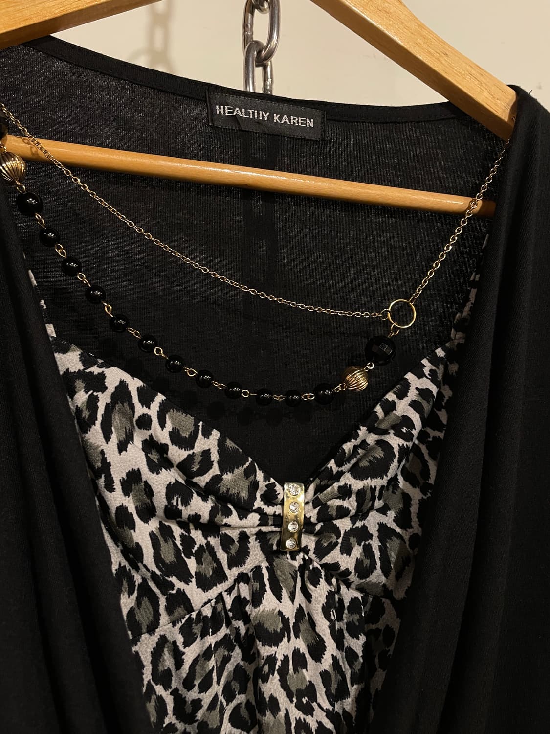 레오파드 패턴 체인 레이어드 블랙 원피스 갸루 상품이미지7