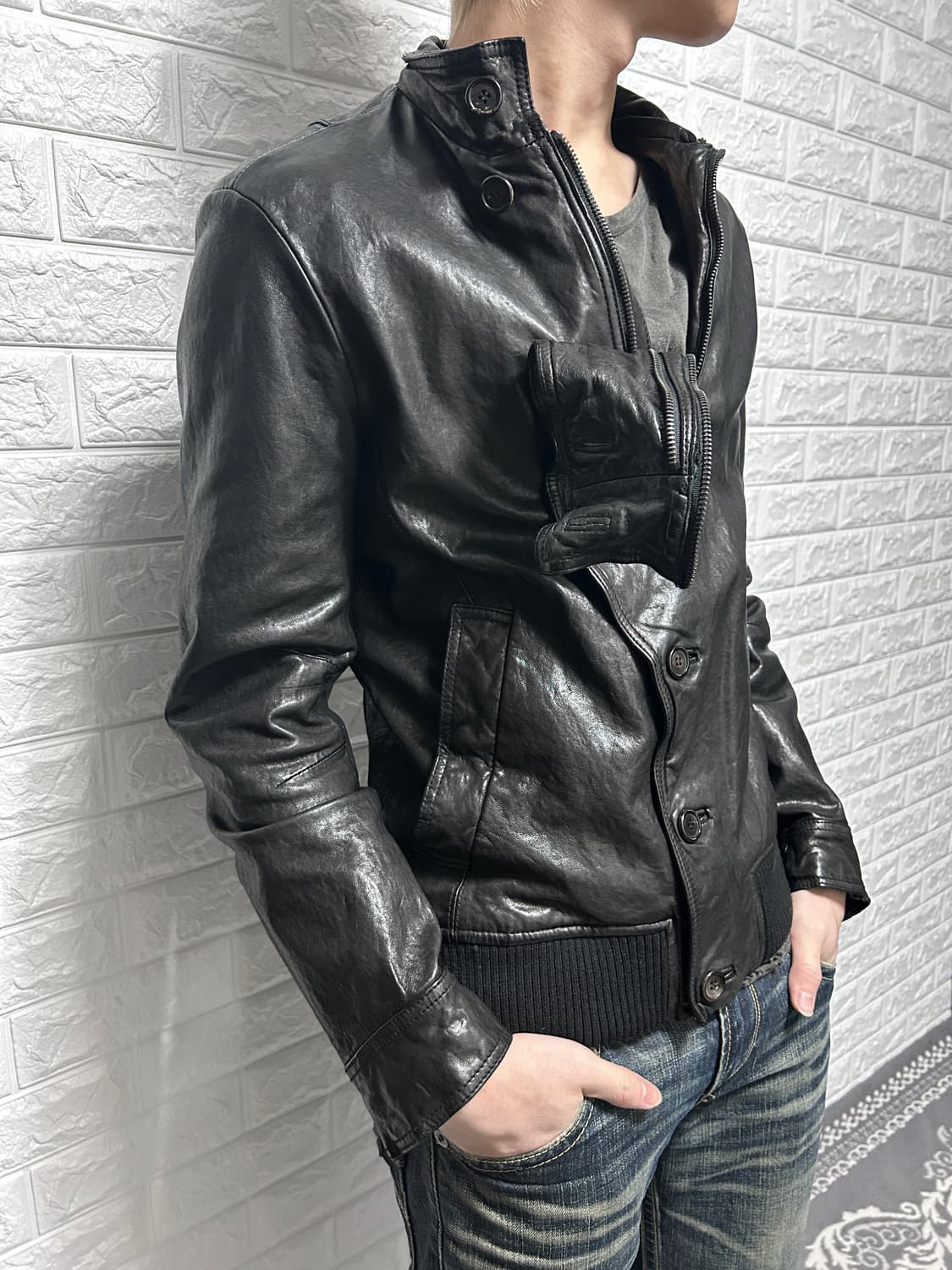 Tate 아티잔 무드  더블 넥 레더 자켓 상품이미지4