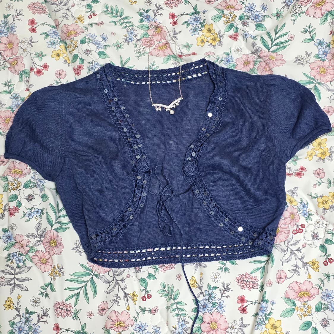 일본빈티지)네이비 니트짜임 스팽글 하구미모리걸 크롭숏가디건 볼레로 상품이미지1