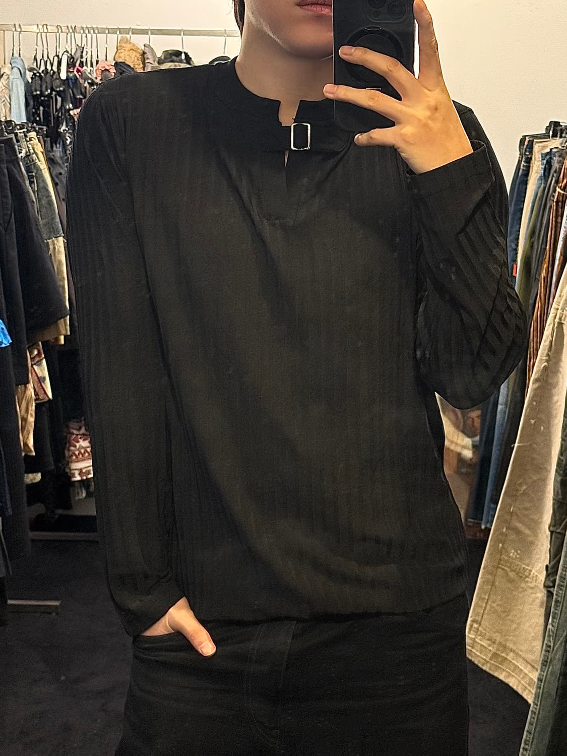 아르마니 익스체인지 스트라이프 니트 블랙 버클 롱슬리브리스 긴팔 헨리넥 상품이미지1