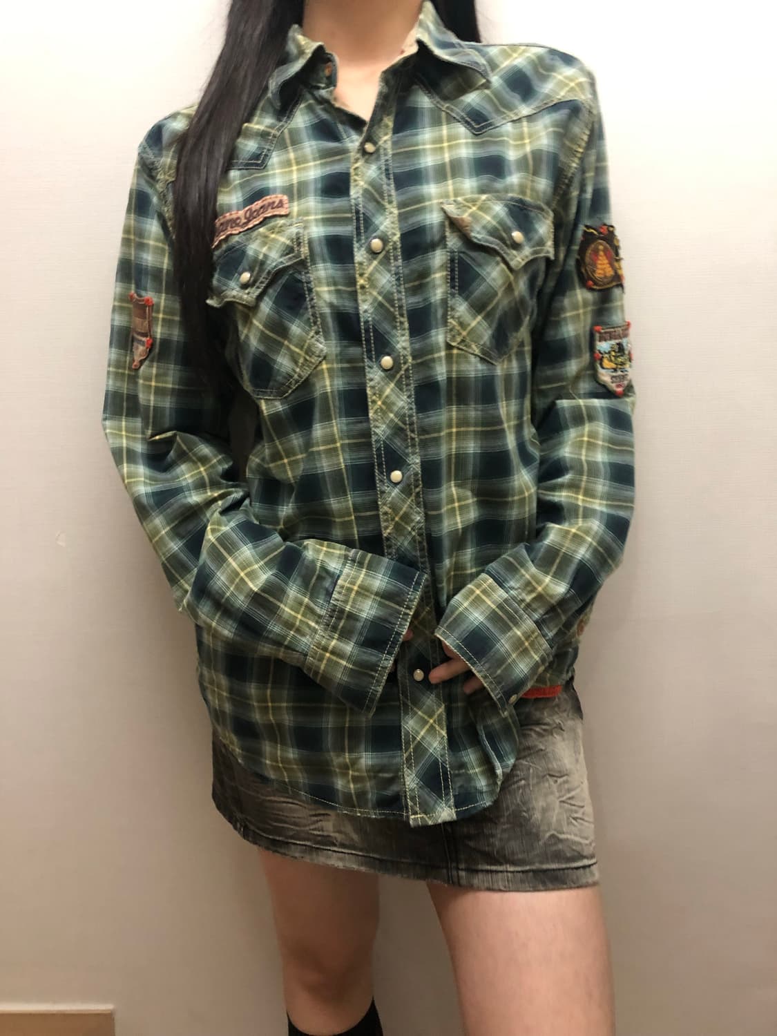 빈티지 그린 체크 패치 셔츠 상품이미지2