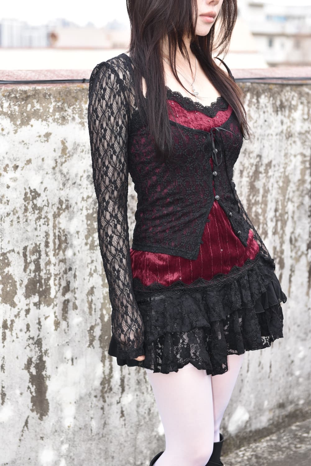 벨벳 와인 레이스 슬리브리스 나시 상품이미지4