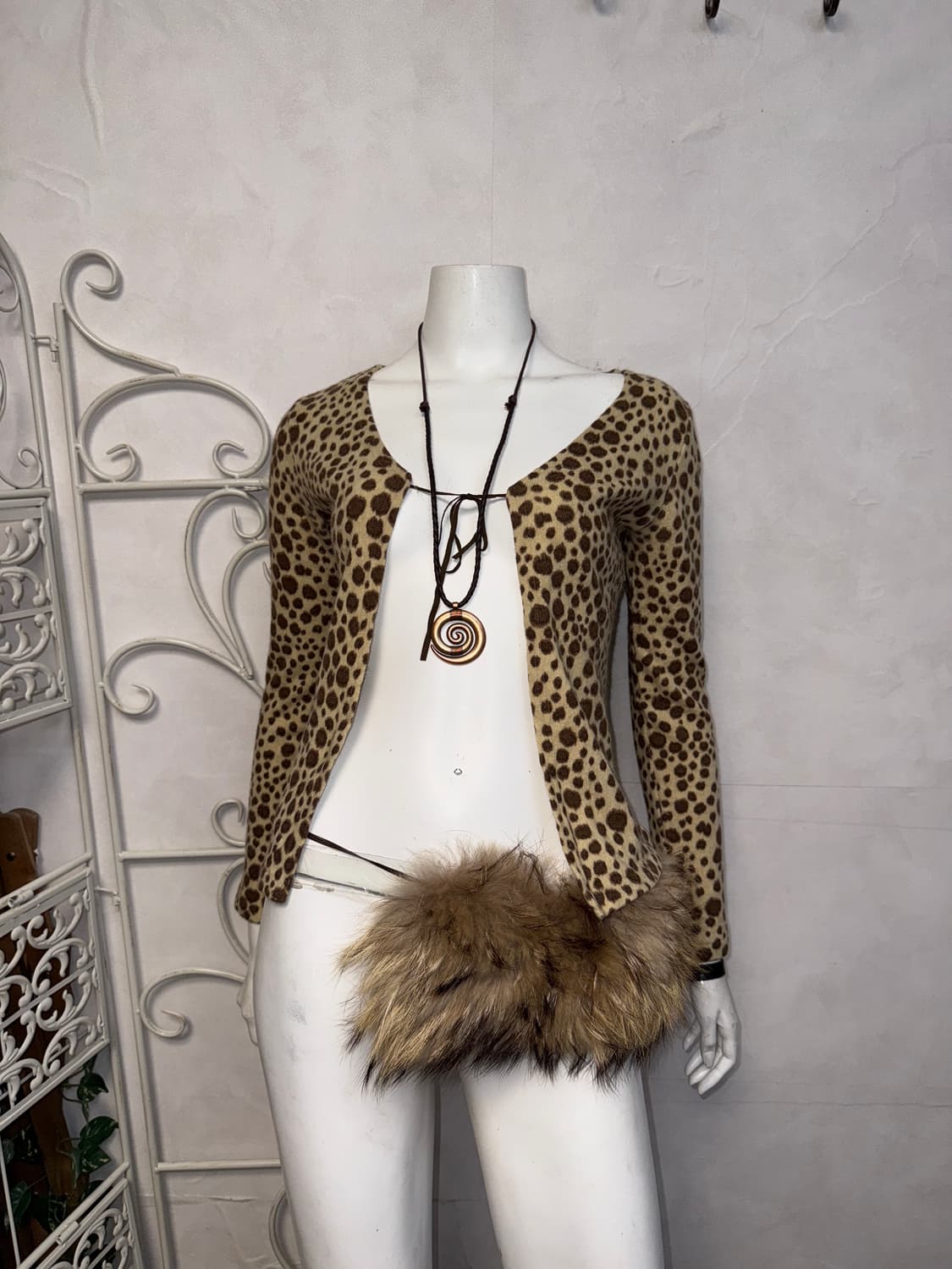 Beige brown leopard angora open cardigan 상품이미지2