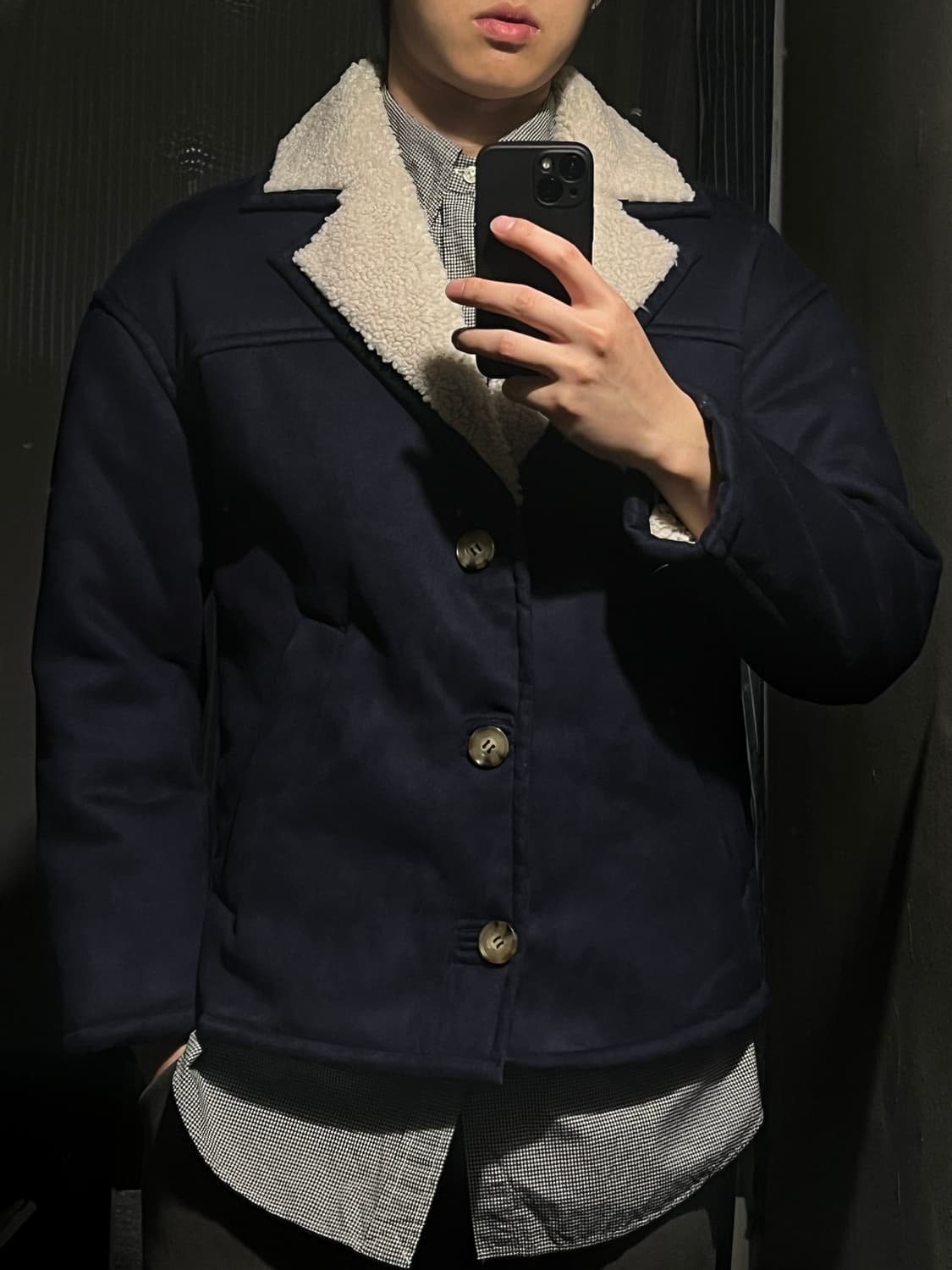 자라 네이비 아이보리 비건레더 스웨이드 아메카지 이너플리스 카라넥 무스탕 상품이미지1