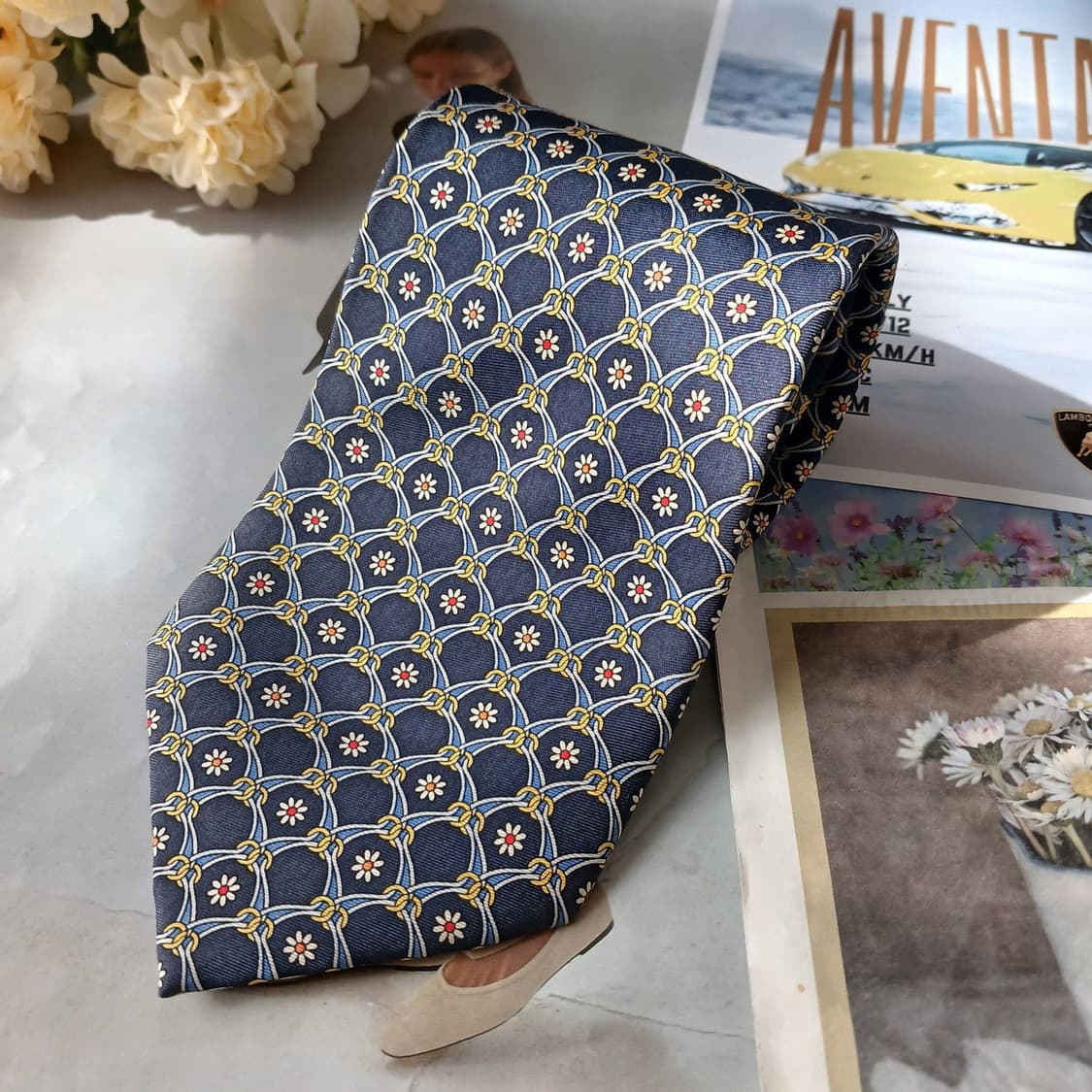 아쿠아스큐텀 체인 플라워 패턴 넥타이 9.9cm A+등급 A19847 상품이미지4