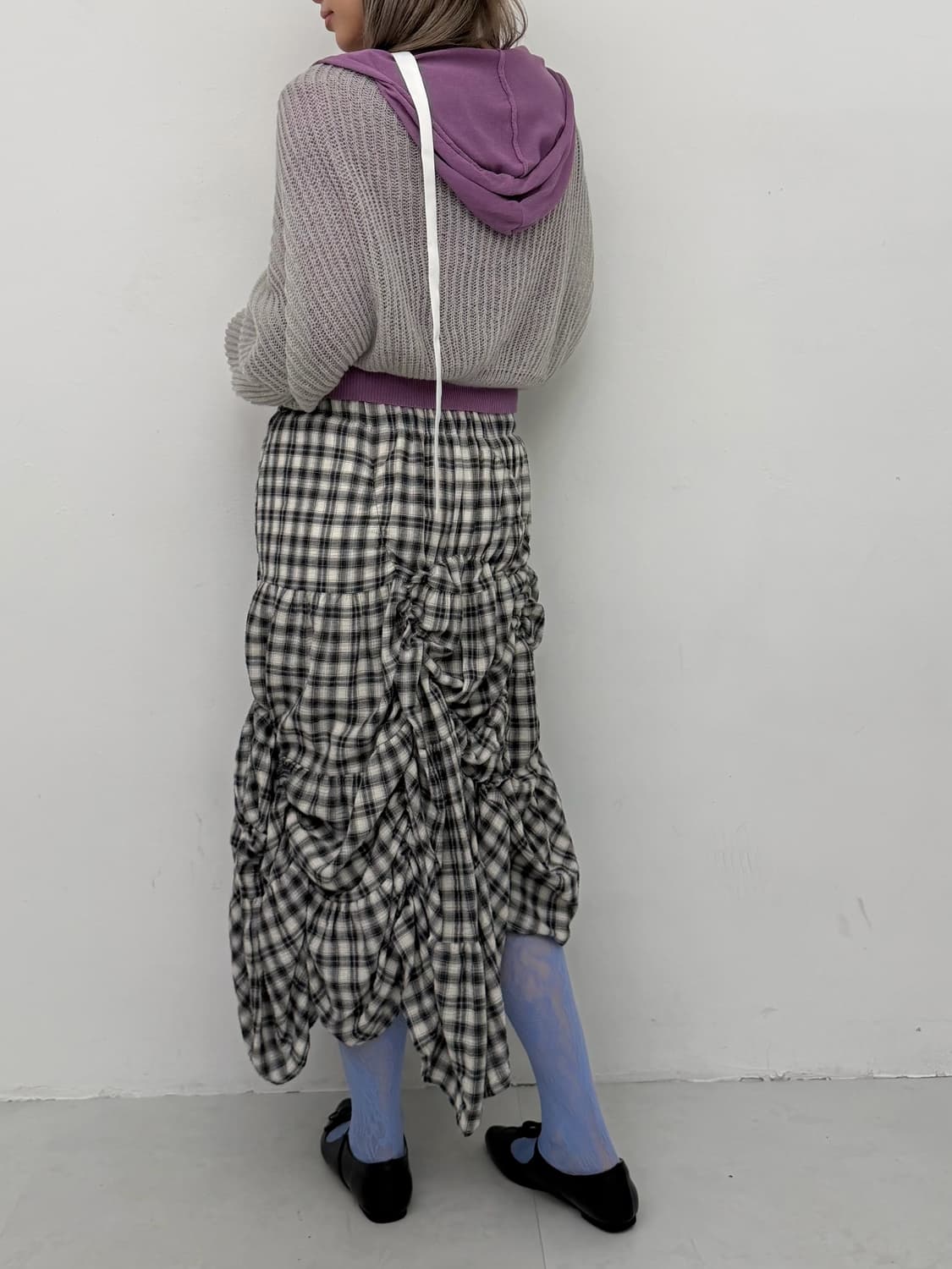 타탄 체크 비대칭 셔링 롱 스커트 상품이미지6