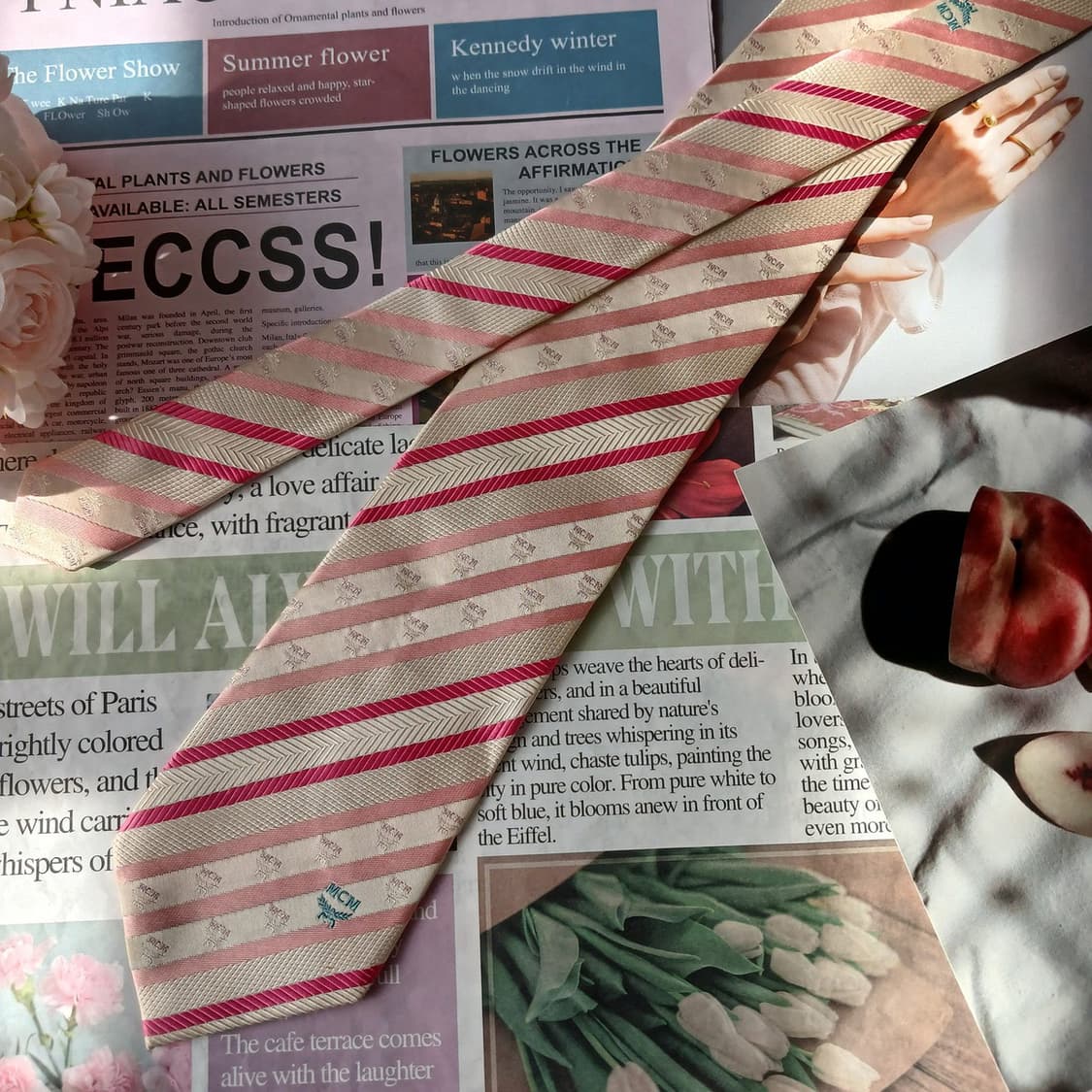 엠씨엠 핑크 스트라이프 로고 패턴 넥타이 9.1cm A+등급 A19693 상품이미지5