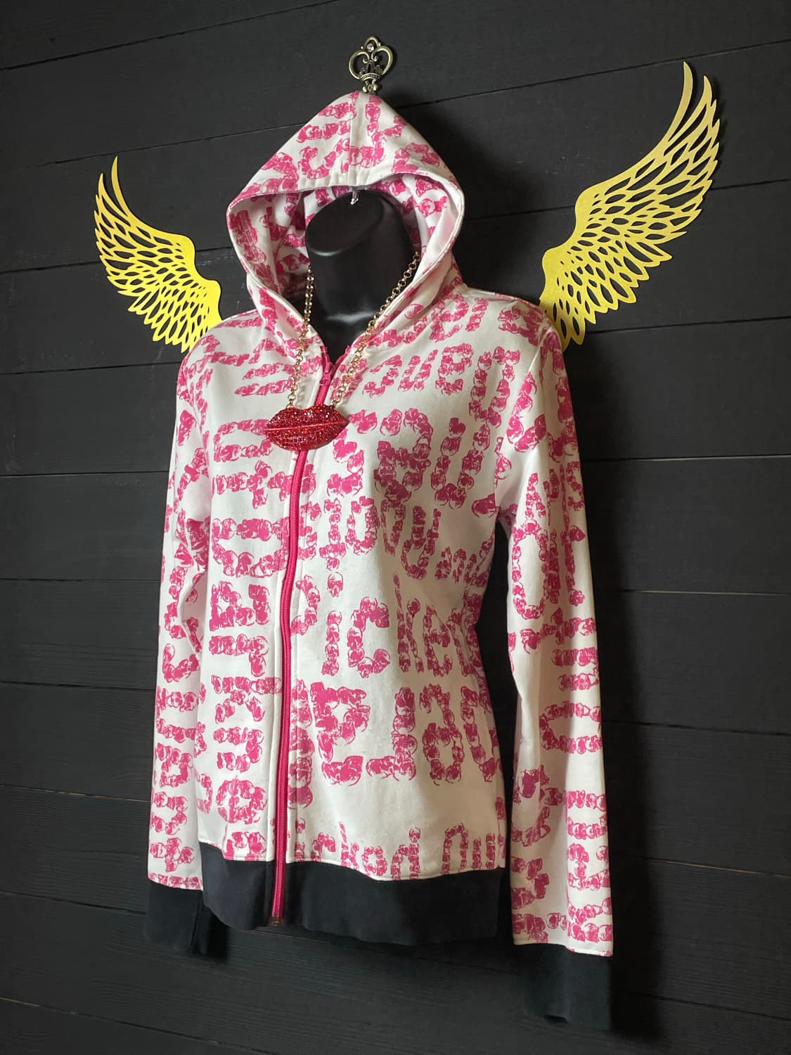 JPN 갸루 핑크 레터링 화이트 후드집업 상품이미지2