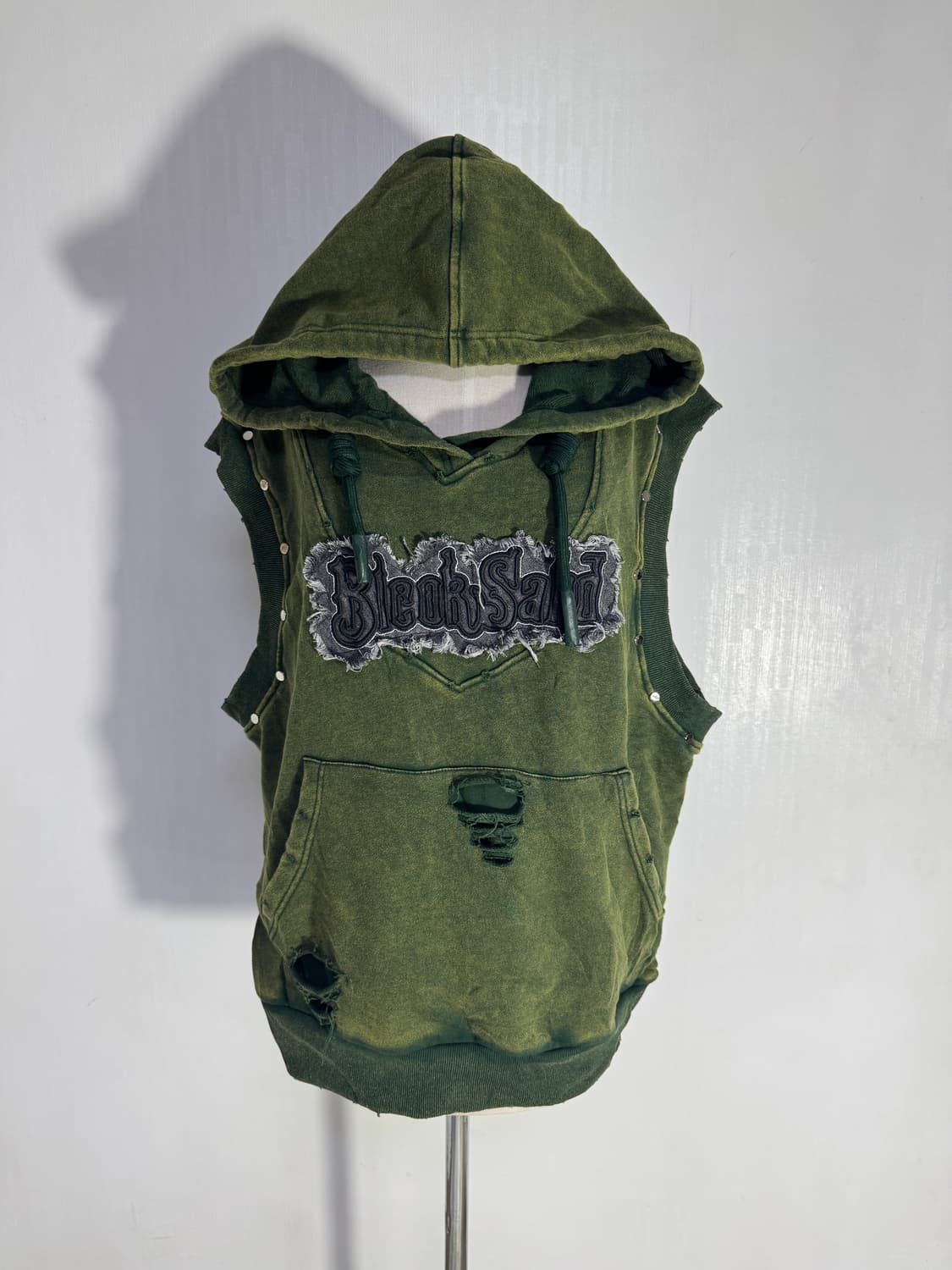 빈티지 페이드 그린 데미지 후드 베스트 y2k lgb goa 모터사이클 상품이미지1