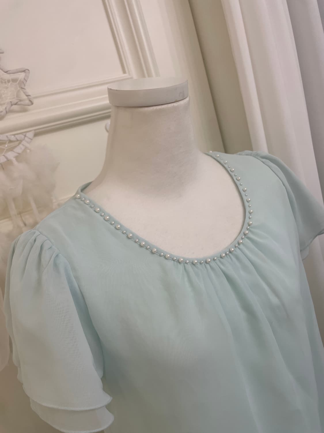 sheer mint puff sleeve lovely blouse 상품이미지7