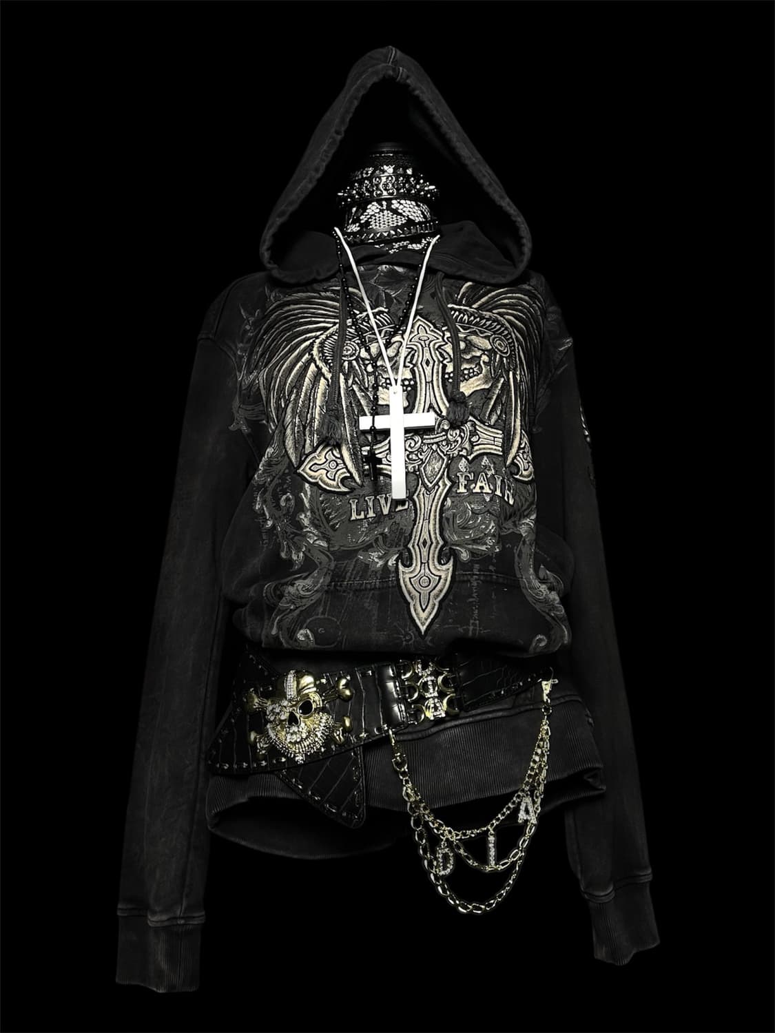 PROITENTE 펑크 자수 십자가 그레이 후드  상품이미지1