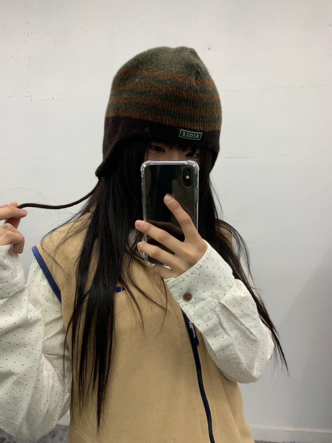 카키 스트라이프 이어플랩 비니 상품이미지1