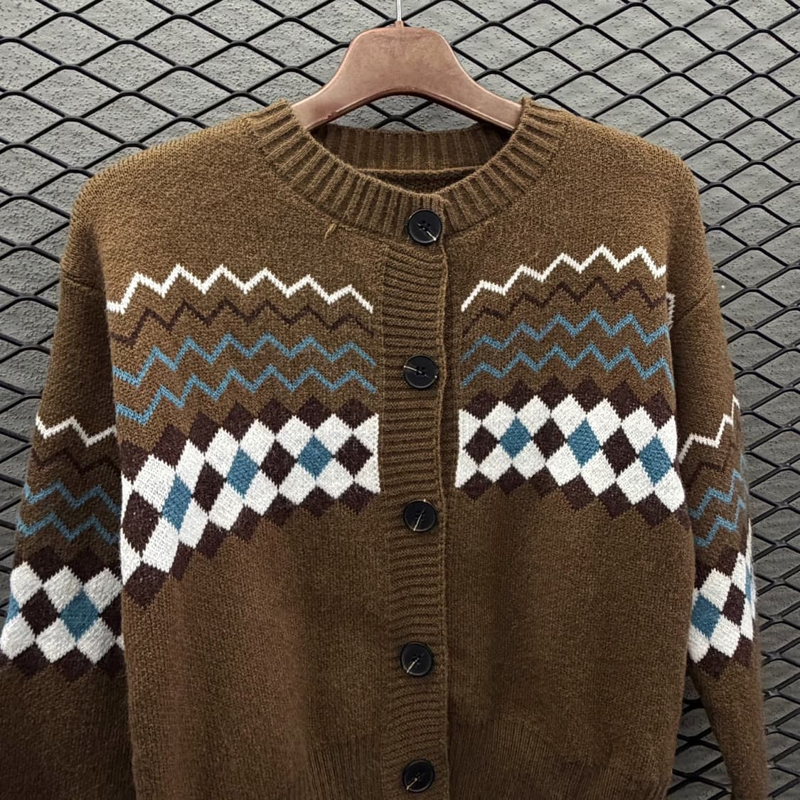 JPN VINTAGE 에스닉 니트 가디건 아가일 패턴 빅버튼 디테일 상품이미지4