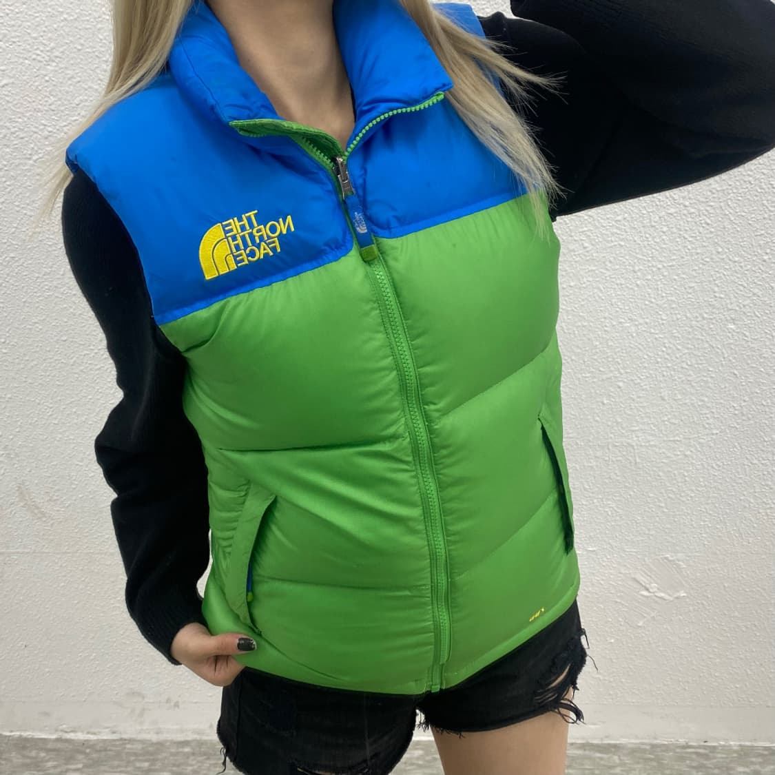 노스페이스 블루배색 로고 그린 패딩조끼 85 상품이미지1