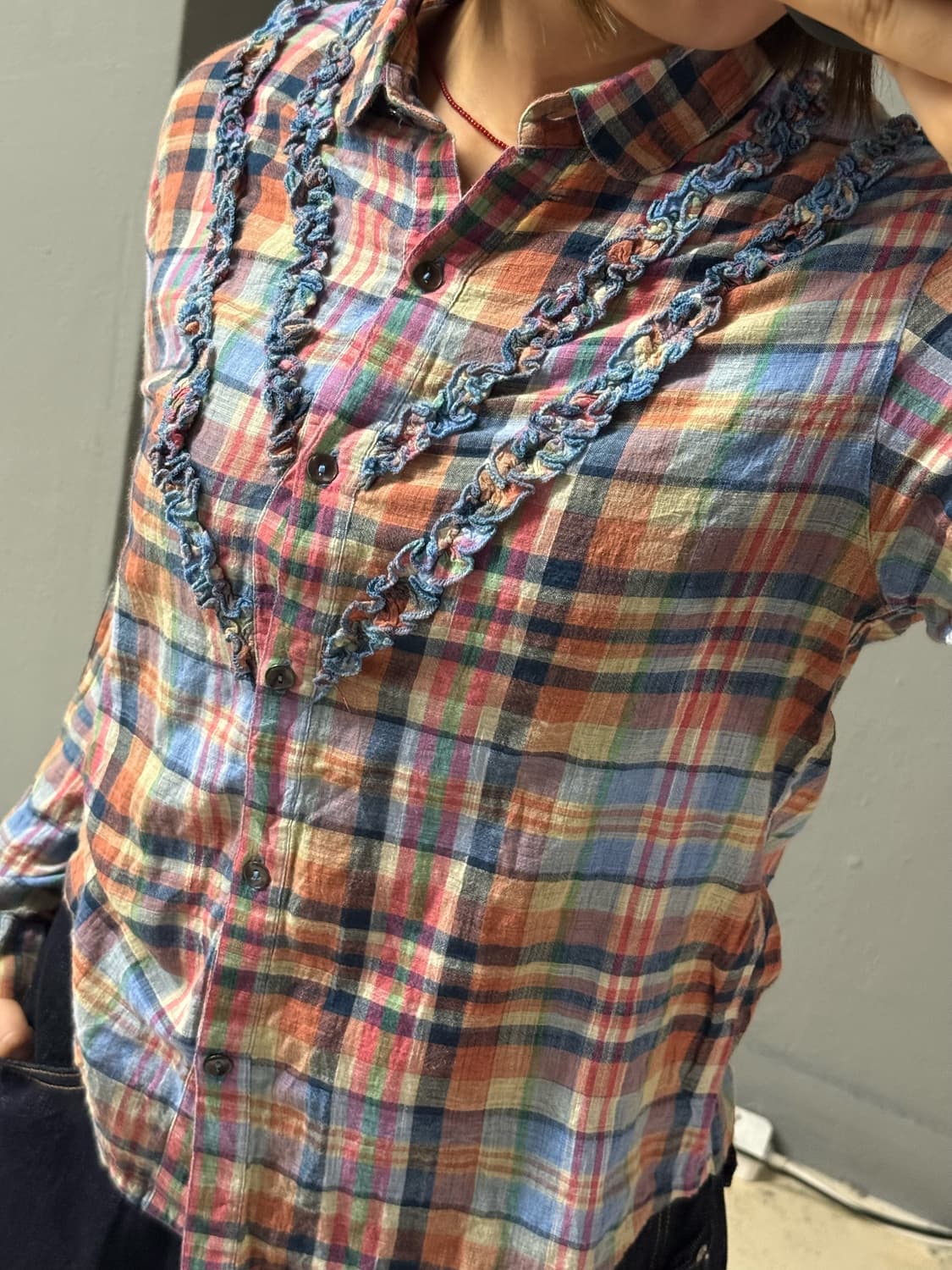 colorful check pattern frill shirt  상품이미지3