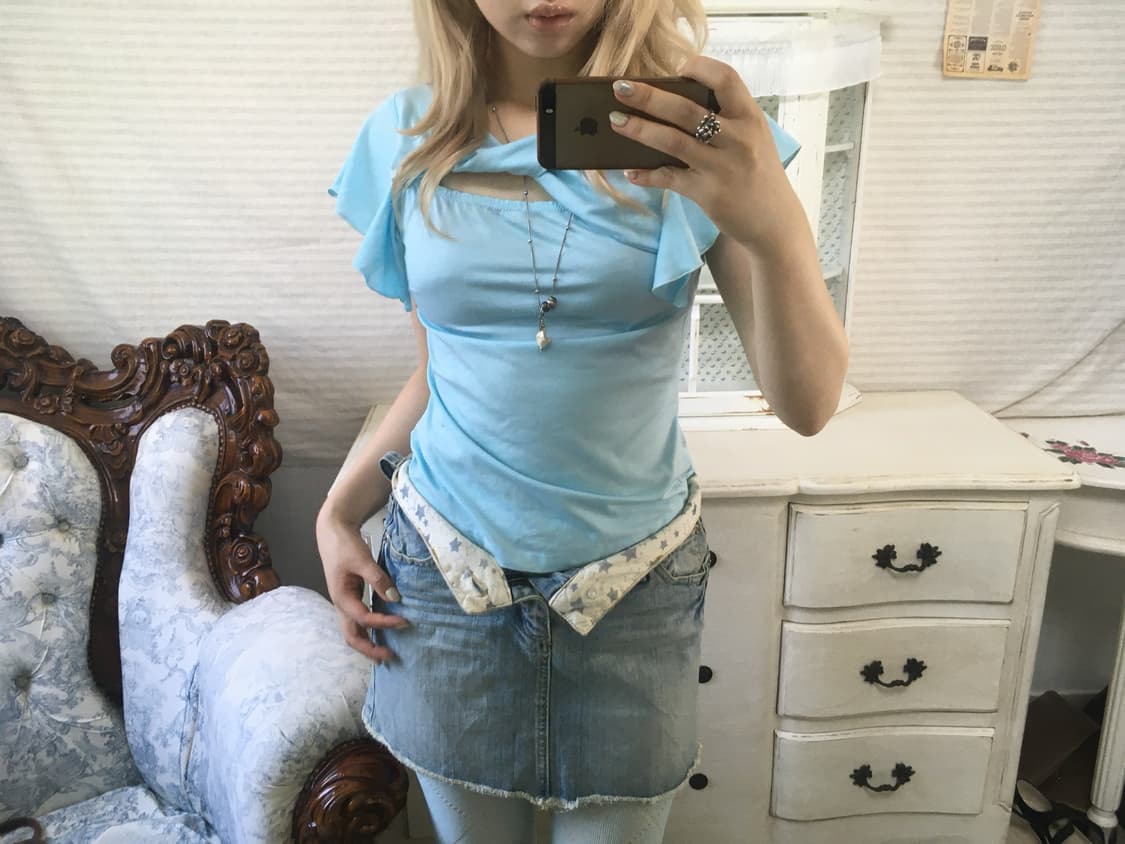 jpn vintage 하늘 엔젤 컷아웃 딱붙 프릴 반팔 상품이미지2