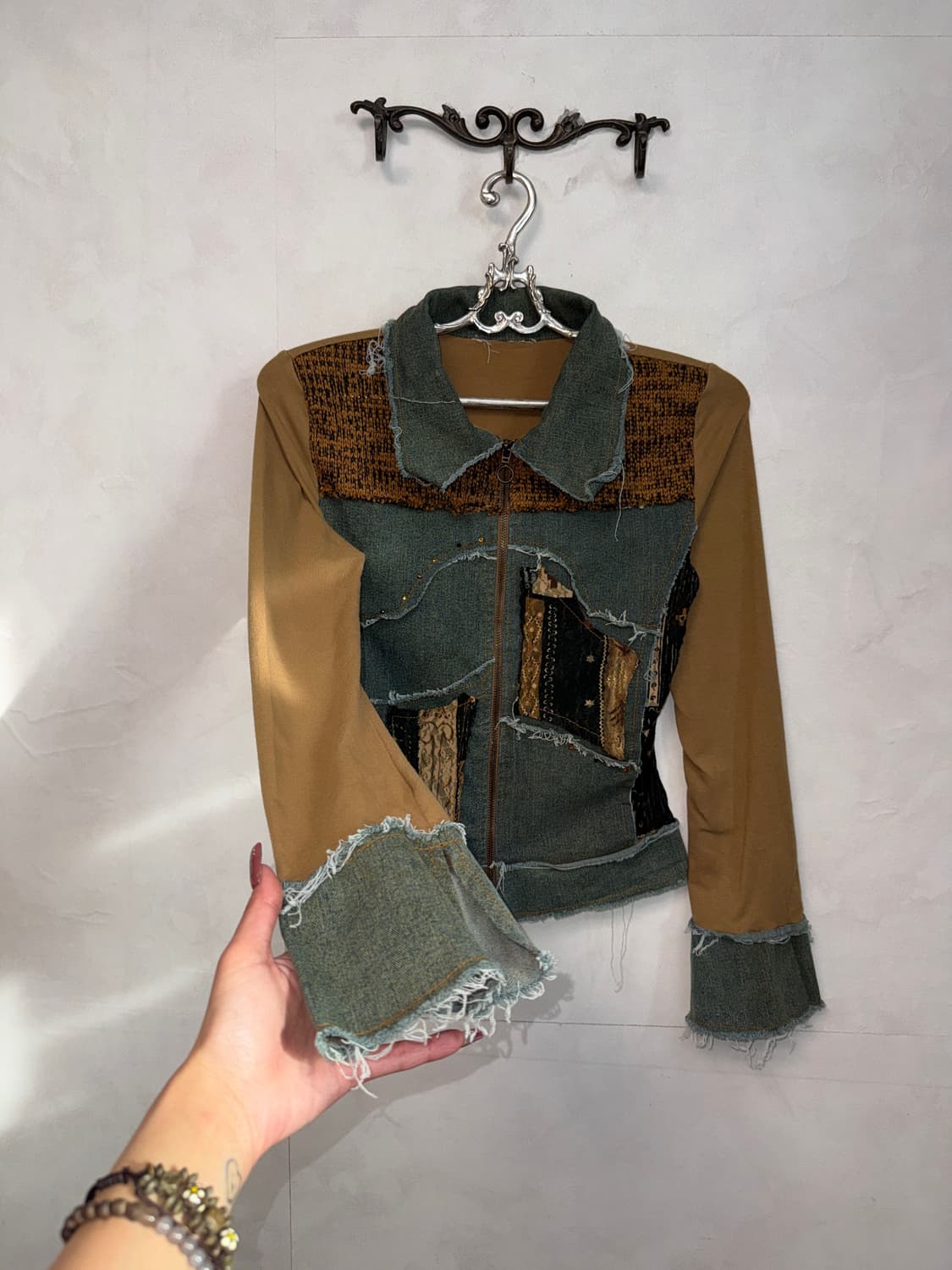 Brown ethnic lace knit patch denim zipup 상품이미지3