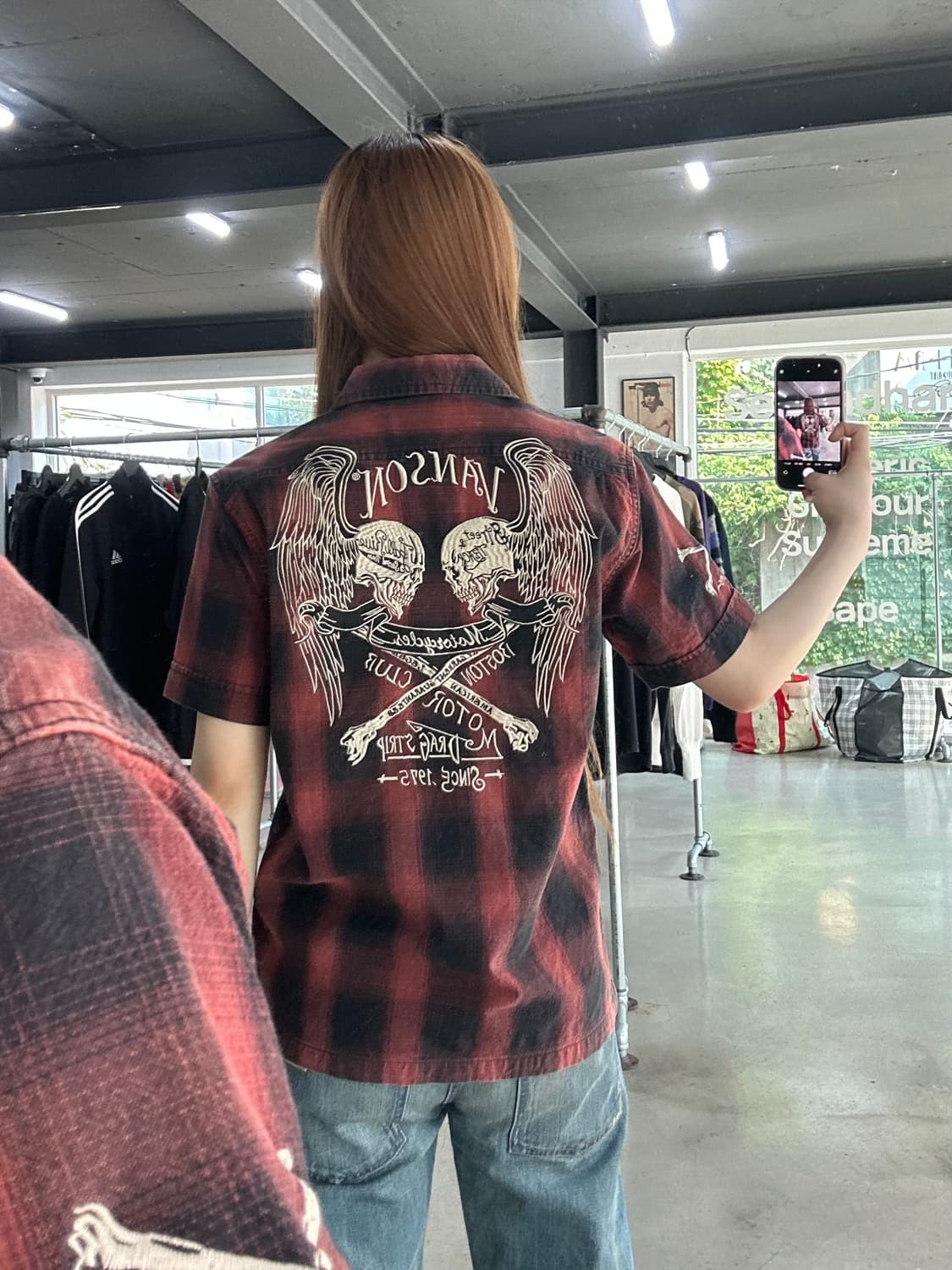 벤슨 성조기 스컬윙 모토클럽 체크 반팔셔츠 상품이미지1