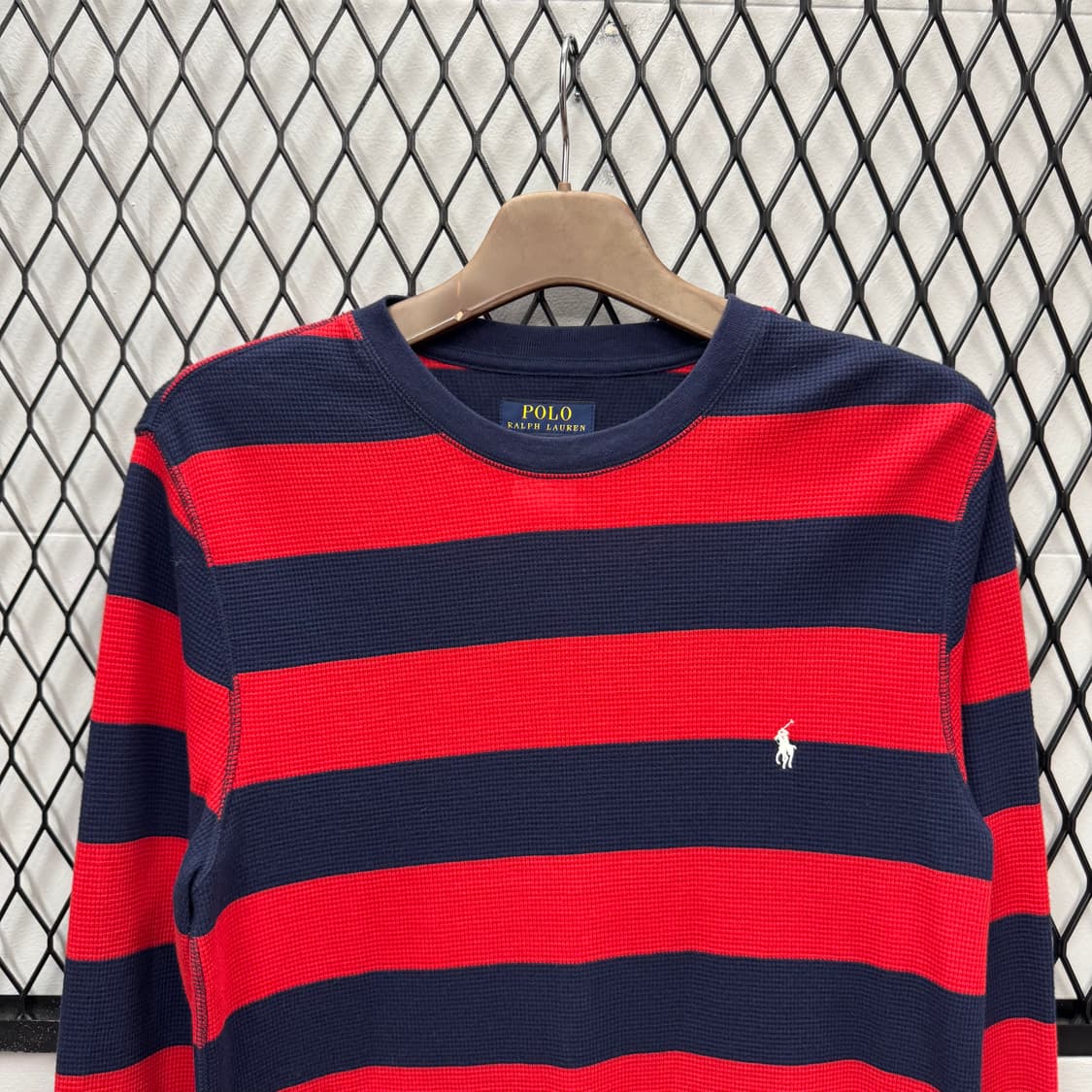 폴로 랄프로렌 와플 니트 스트라이프 패턴 화이트 포니 포인트 네이비 레드 상품이미지3