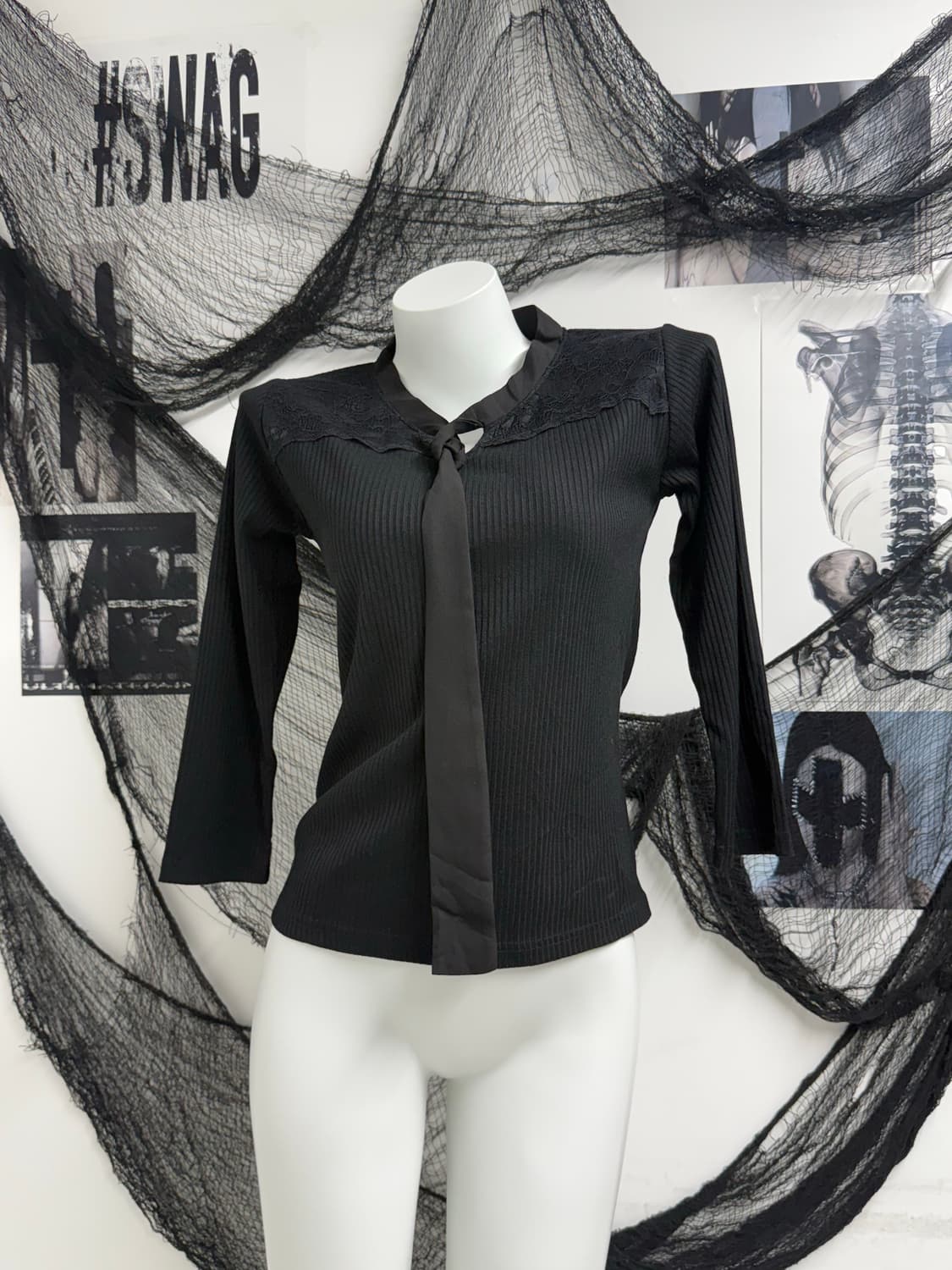 Necktie lace detail quarter-sleeve 상품이미지1