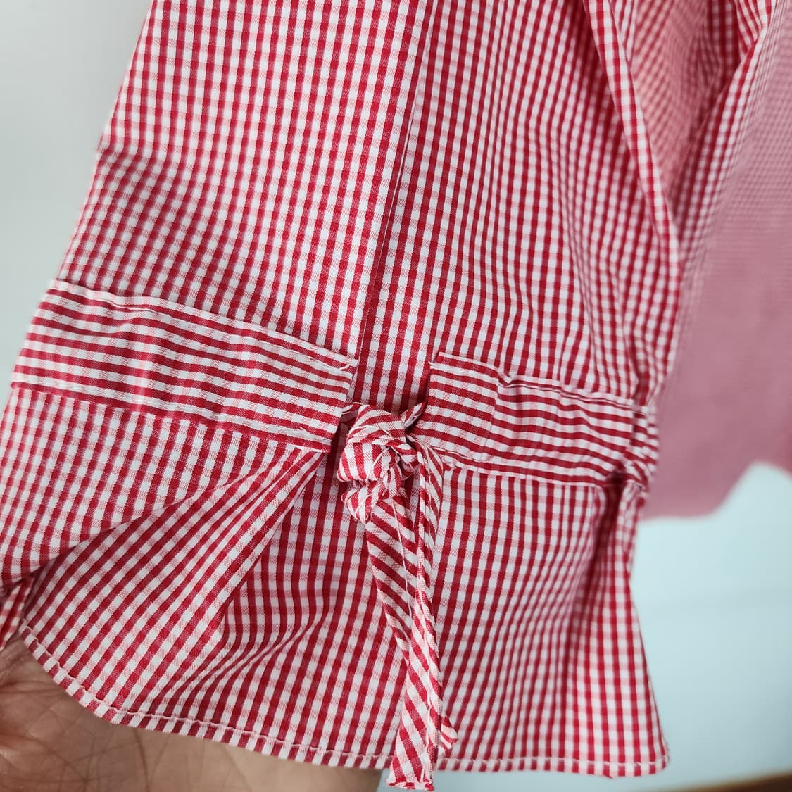 리본 진주 장식 레드 체크 패턴 블라우스 7부 상품이미지2