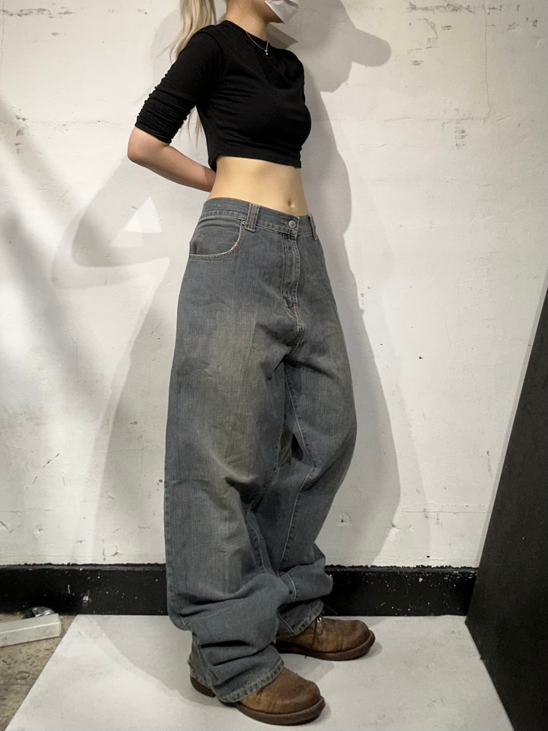 드렁큰 몽키 빈티지 힙합 와이드 그레이 데님 새깅 청바지 상품이미지1