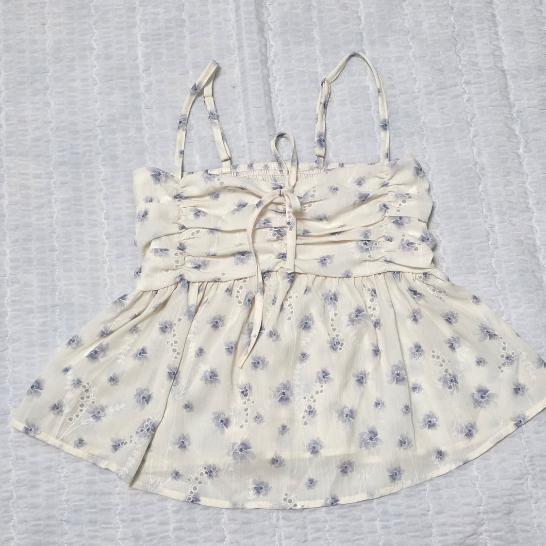 빈티지) 블루 플로랄 모리걸st 쉬폰 셔링 끈나시 슬리브리스 상품이미지3