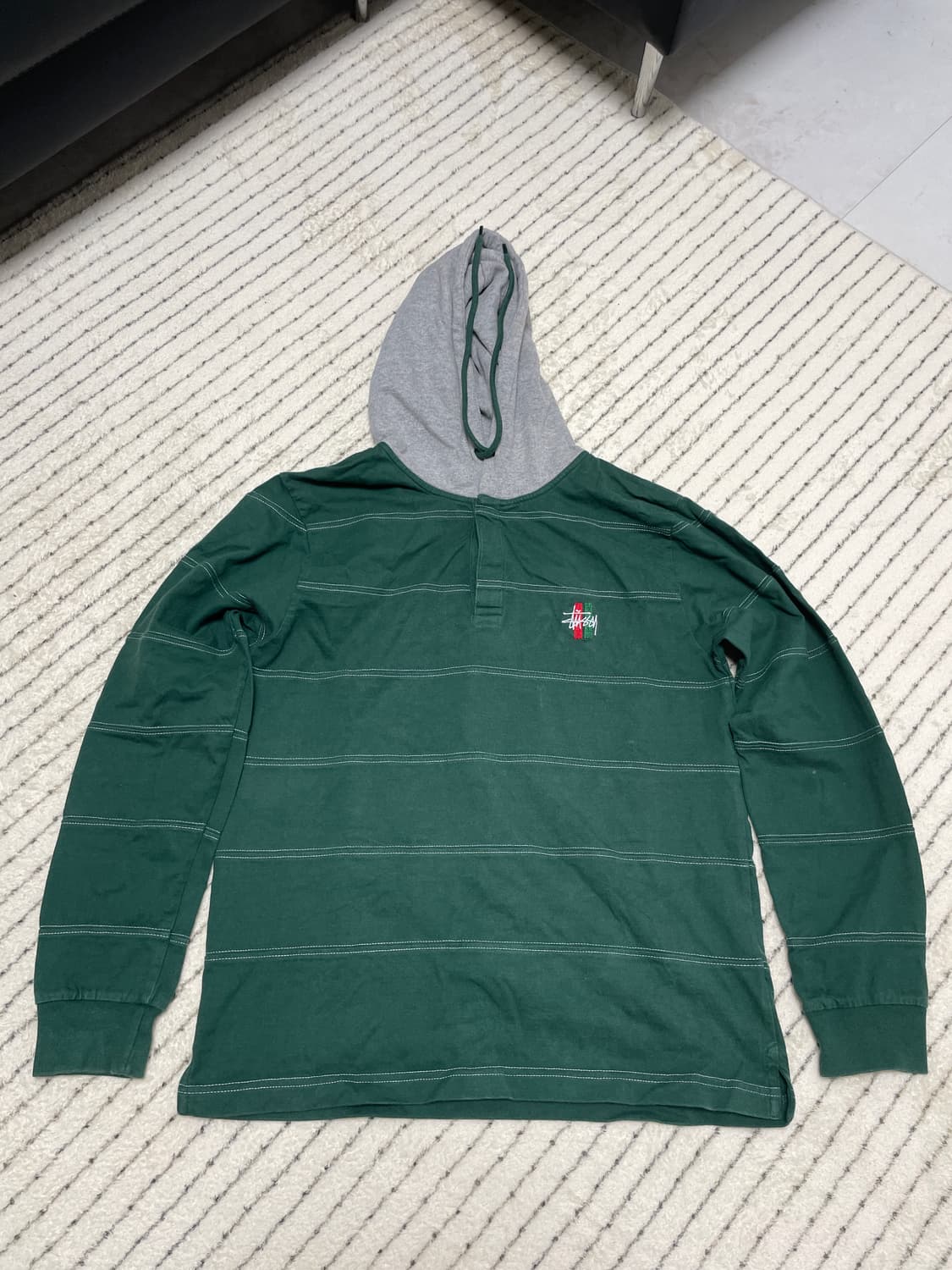 스투시 그린 스트라이프 후드 헨리넥 티셔츠 S사이즈 상품이미지1