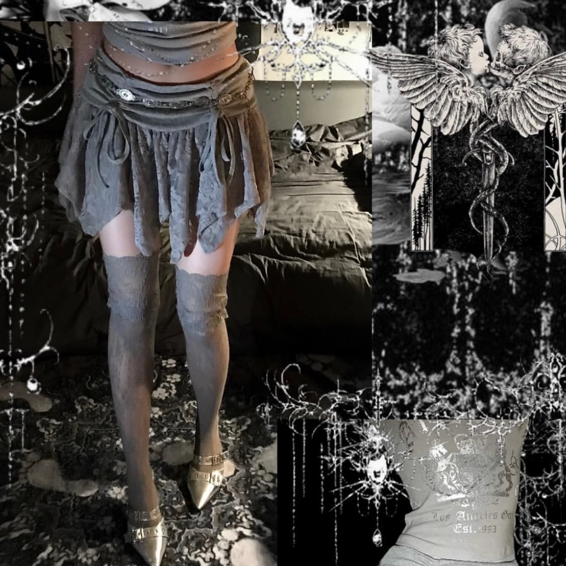 O.ka 오카 언발 레이스 셔링 스커트 그레이 미사용품 상품이미지1